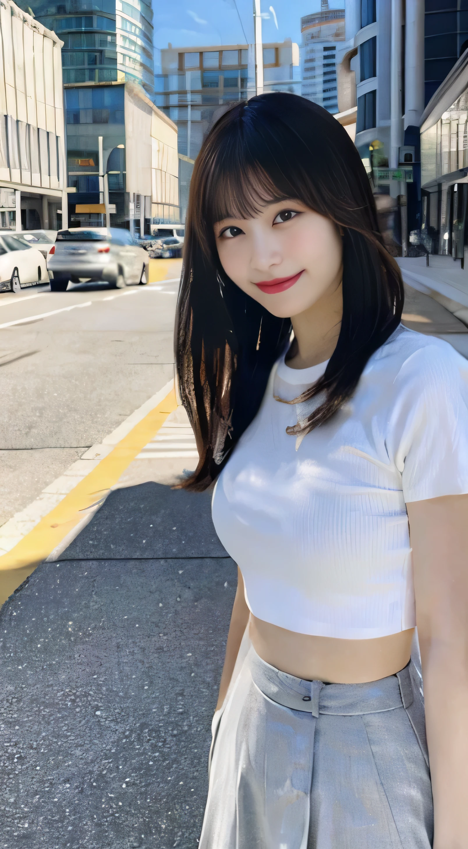 (highest quality,8K quality,masterpiece:1.3),(ultra high resolution,Photoreal:1.4,RAW photo),(Super detailed,caustics,detailed background),(ultra-realistic capture,Fine and beautiful skin,perfect anatomy),Clean city,18-year-old,cute,Black Long,white short sleeve t-shirt,looking at camera,laughter,full body shot,natural soft light, Bringing smiles to the lively city, white teeth, perverted woman, white thighs