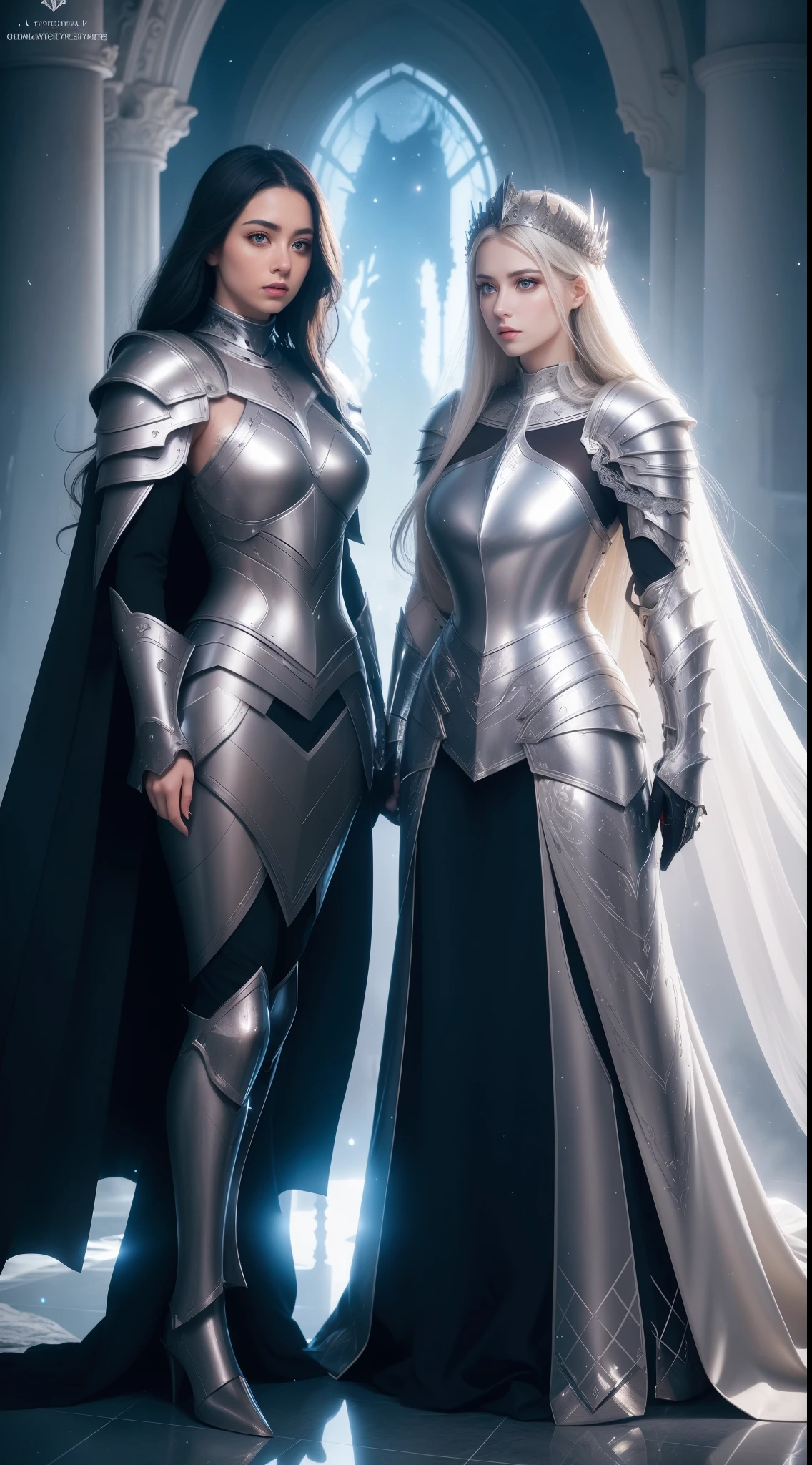 Masterpiece, beautiful detailed realistic definition, ((two female knight Standing in front of each other, face-to-face)), Two knights clashing with each other, Fighter female, Warrior female, Mecha, full auras, silver aura, cover with aura, (arrogant), (random hair colored, shiny hair, gradient hair), armor hair ornament, beautiful details eyes, (aquamarine eyes, glowing eyes), long eyelashes, mascara, eyeliner, (full body dress armor, elegant, long skirt), crystals armor, cape, glowing and shining armour, Edge lights, hourglass body, beautiful detailed realistic definition, expressive eyes, perfect detailed beautiful determinate face, professional, Extremely aesthetic, Extremely detailed realistic clothing, blue lights that shimmer, (glowing and shining armor), floating particles, white and silver color schemes, Knight war as background, Enemies knight surround her, Knight War, calm atmosphere, ground covered in slabs, royal black metal armor, dark souls style, dark fantasy, dark age atmosphere, cloudy day, art station contest winner, perfect reflection