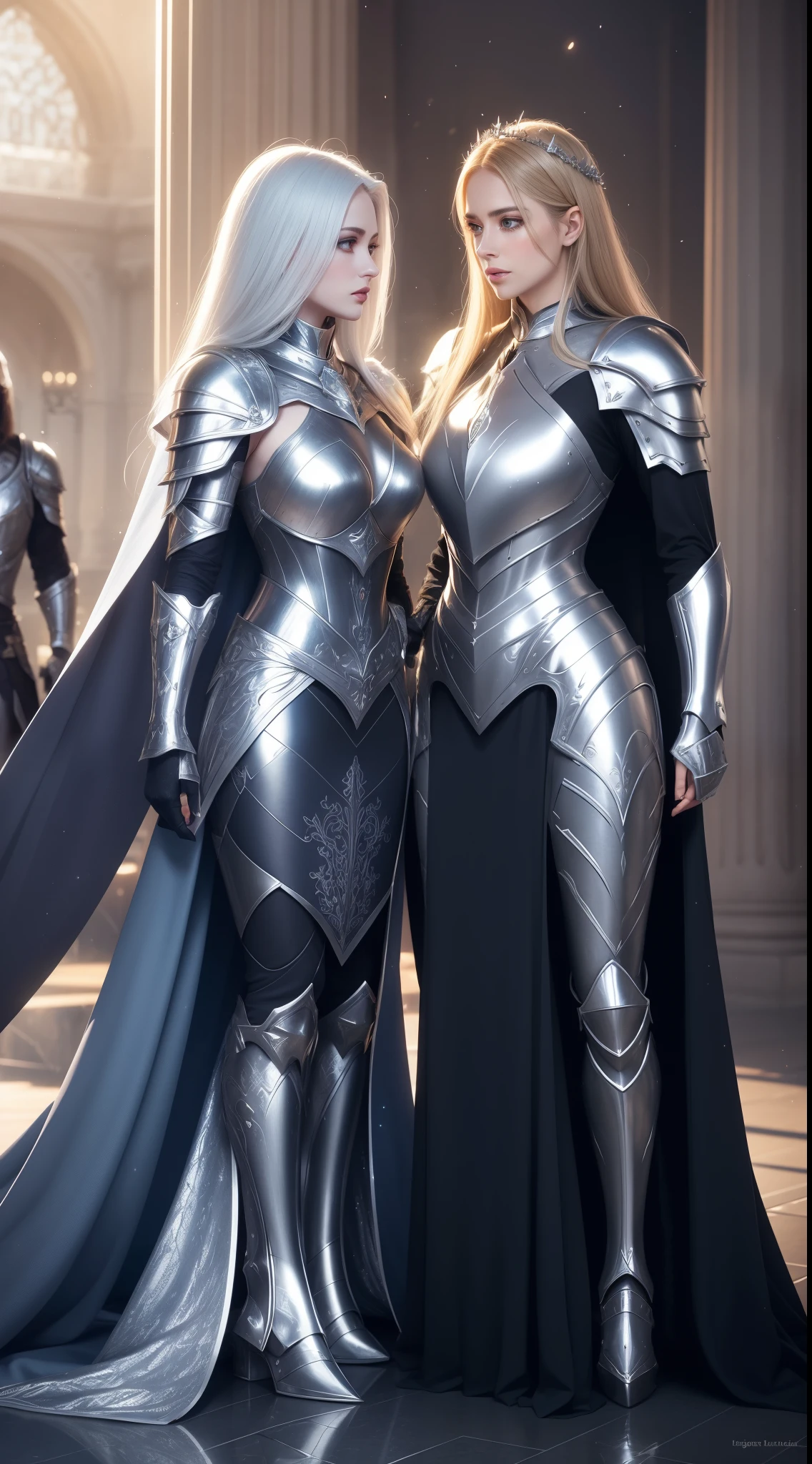 Masterpiece, beautiful detailed realistic definition, ((two female knight Standing in front of each other, face-to-face)), Two knights clashing with each other, Fighter female, Warrior female, Mecha, full auras, silver aura, cover with aura, (arrogant), (random hair colored, shiny hair, gradient hair), armor hair ornament, beautiful details eyes, (aquamarine eyes, glowing eyes), long eyelashes, mascara, eyeliner, (full body dress armor, elegant, long skirt), crystals armor, cape, glowing and shining armour, Edge lights, hourglass body, beautiful detailed realistic definition, expressive eyes, perfect detailed beautiful determinate face, professional, Extremely aesthetic, Extremely detailed realistic clothing, blue lights that shimmer, (glowing and shining armor), floating particles, white and silver color schemes, Knight war as background, Enemies knight surround her, Knight War, calm atmosphere, ground covered in slabs, royal black metal armor, dark souls style, dark fantasy, dark age atmosphere, cloudy day, art station contest winner, perfect reflection