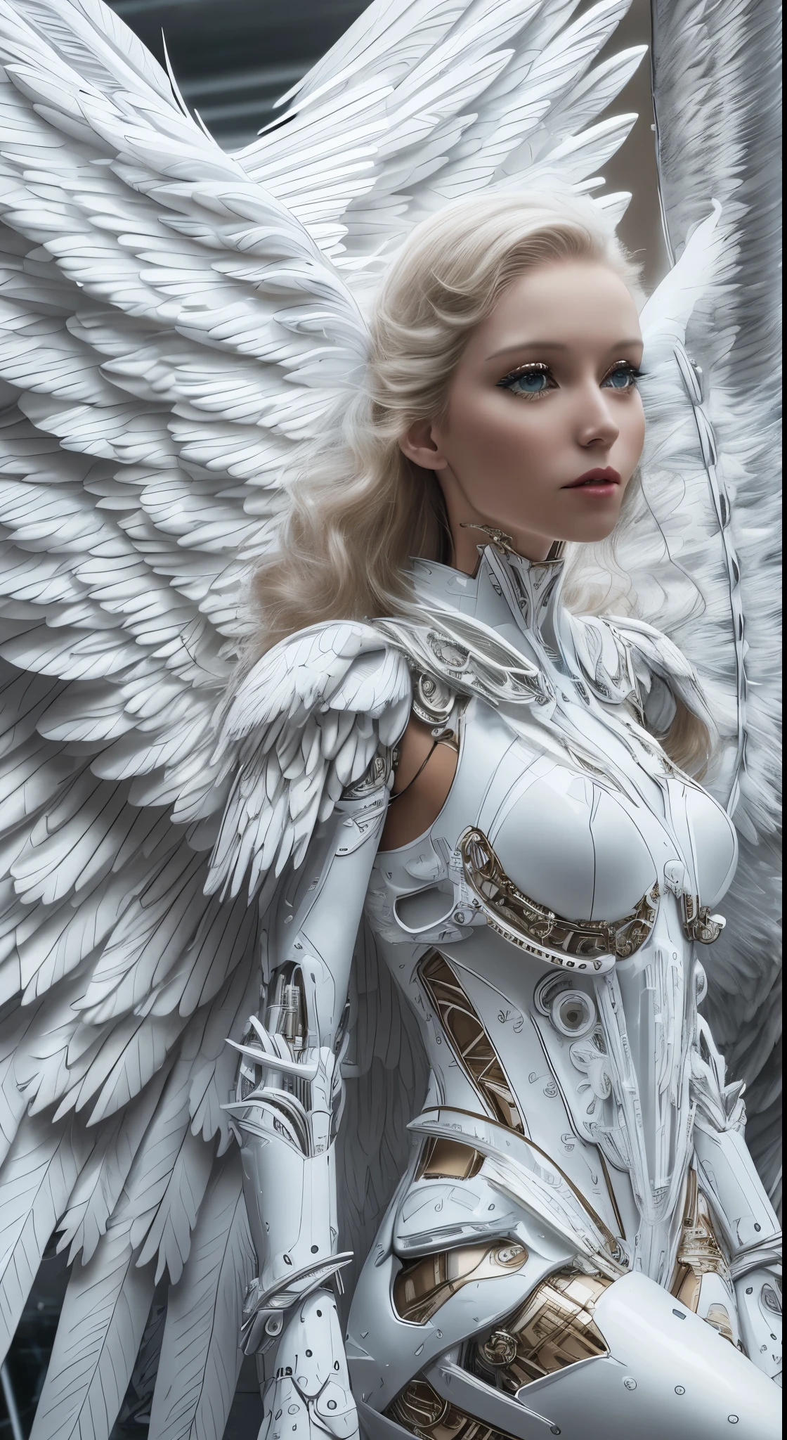 Close-up of a woman in a white dress with wings, full body angel, futuristic robot angel, amazing angel wings, angel knight gothic girl, angel in plastic armor, intricate costume designs, As a mysterious Valkyrie, The whole body is made of white feathers,, futuristic and fantastic, white wings, beautiful angel wings, steampunk angel, beautiful cyborg angel girl, graceful wings
