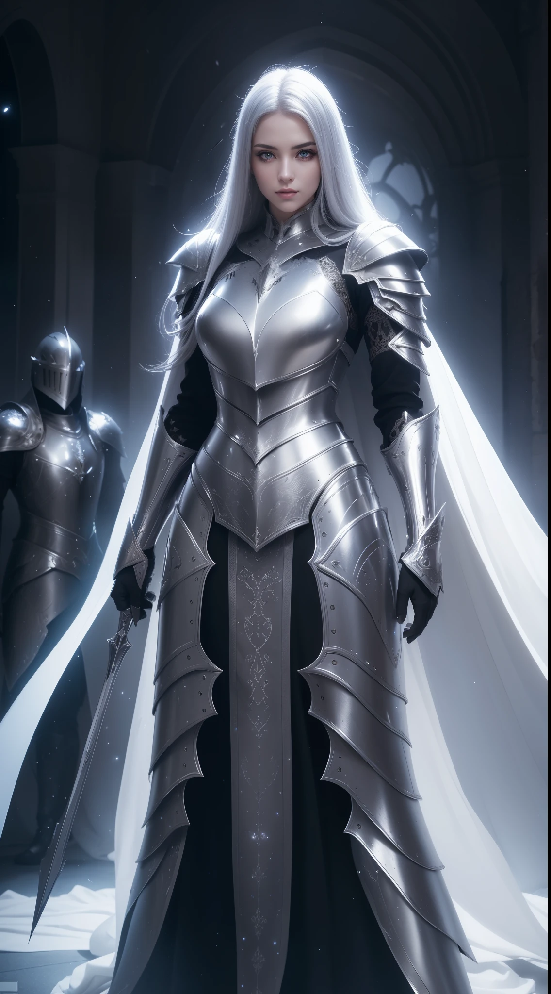 Masterpiece, beautiful detailed realistic definition, ((two female knight Standing in front of each other, face-to-face)), Two knights clashing with each other, Fighter female, Warrior female, Mecha, full auras, silver aura, cover with aura, (arrogant), (random hair colored, shiny hair, gradient hair), armor hair ornament, beautiful details eyes, (aquamarine eyes, glowing eyes), long eyelashes, mascara, eyeliner, (full body dress armor, elegant, long skirt), crystals armor, cape, glowing and shining armour, Edge lights, hourglass body, beautiful detailed realistic definition, expressive eyes, perfect detailed beautiful determinate face, professional, Extremely aesthetic, Extremely detailed realistic clothing, blue lights that shimmer, (glowing and shining armor), floating particles, white and silver color schemes, Knight war as background, Enemies knight surround her, Knight War, calm atmosphere, ground covered in slabs, royal black metal armor, dark souls style, dark fantasy, dark age atmosphere, cloudy day, art station contest winner, perfect reflection