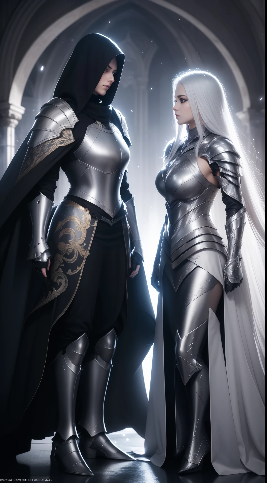 Masterpiece, beautiful detailed realistic definition, ((two female knight Standing in front of each other, face-to-face)), Two knights clashing with each other, Fighter female, Warrior female, Mecha, full auras, silver aura, cover with aura, (arrogant), (random hair colored, shiny hair, gradient hair), armor hair ornament, beautiful details eyes, (aquamarine eyes, glowing eyes), long eyelashes, mascara, eyeliner, (full body dress armor, elegant, long skirt), crystals armor, cape, glowing and shining armour, Edge lights, hourglass body, beautiful detailed realistic definition, expressive eyes, perfect detailed beautiful determinate face, professional, Extremely aesthetic, Extremely detailed realistic clothing, blue lights that shimmer, (glowing and shining armor), floating particles, white and silver color schemes, Knight war as background, Enemies knight surround her, Knight War, calm atmosphere, ground covered in slabs, royal black metal armor, dark souls style, dark fantasy, dark age atmosphere, cloudy day, art station contest winner, perfect reflection
