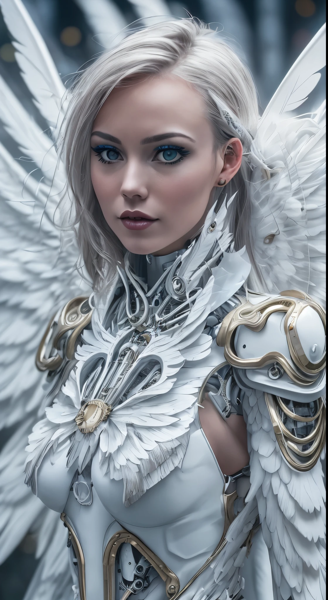 Close-up of a woman in a white dress with wings, full body angel, futuristic robot angel, amazing angel wings, angel knight gothic girl, angel in plastic armor, intricate costume designs, As a mysterious Valkyrie, The whole body is made of white feathers,, futuristic and fantastic, white wings, beautiful angel wings, steampunk angel, beautiful cyborg angel girl, graceful wings