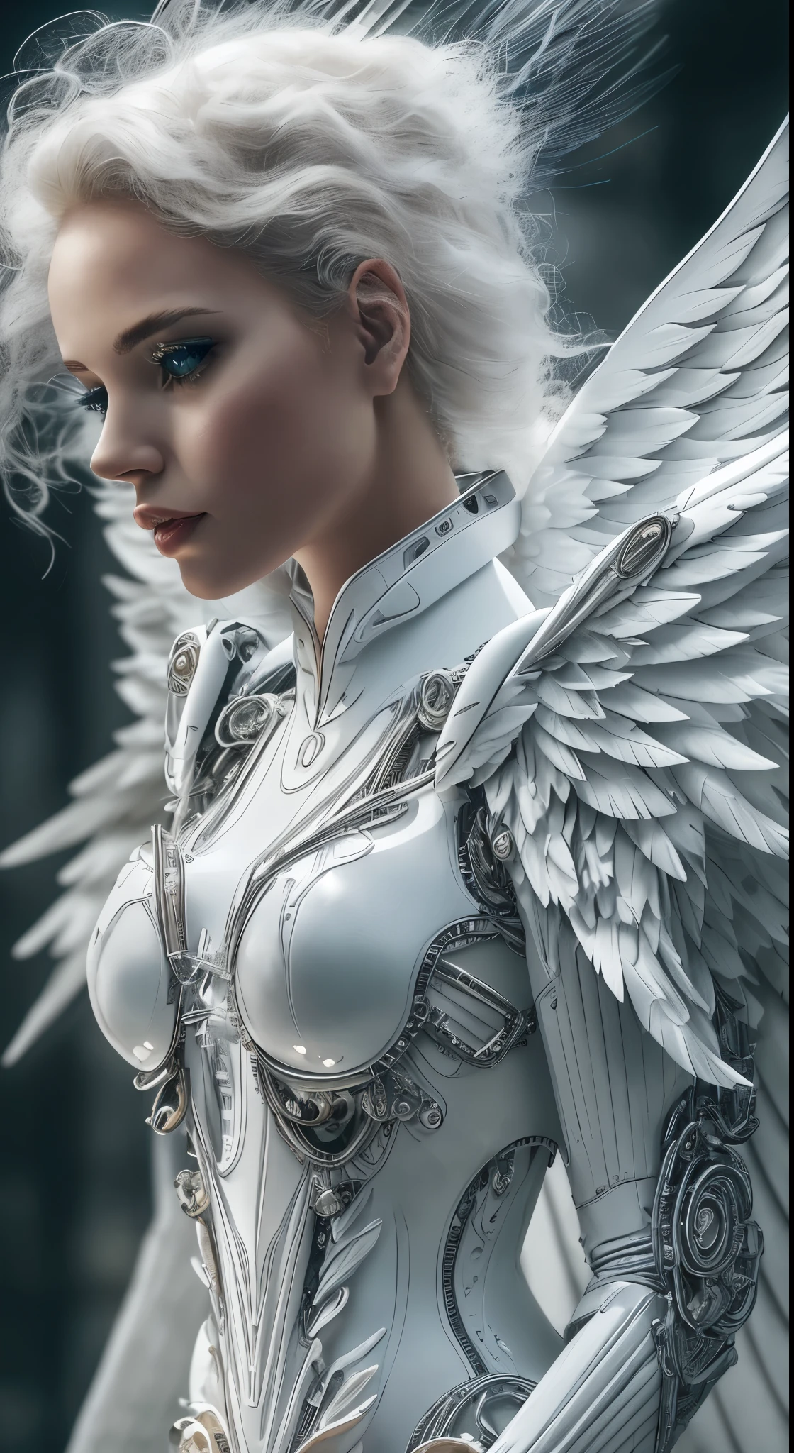 Close-up of a woman in a white dress with wings, full body angel, futuristic robot angel, amazing angel wings, angel knight gothic girl, angel in plastic armor, intricate costume designs, As a mysterious Valkyrie, The whole body is made of white feathers,, futuristic and fantastic, white wings, beautiful angel wings, steampunk angel, beautiful cyborg angel girl, graceful wings