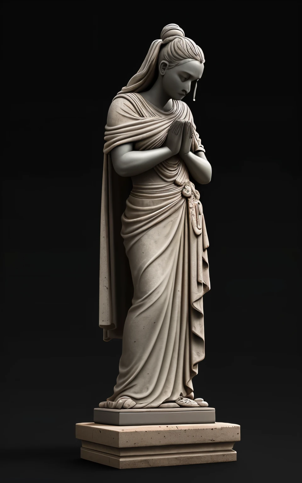 baroque grotesque clay stone statue, female body, thick fabric wraps the entire body, clothing in grotesquely carved rags, figure carved in clay stone, grotesque finish, black sheet of heavy fabric covering entire body standing figure, natural pose, hands in prayer gesture, antique, baroque, hight whte radial lighting in various directions, black background, depth of field, octane rendering, photorealistic, complex, highly detailed