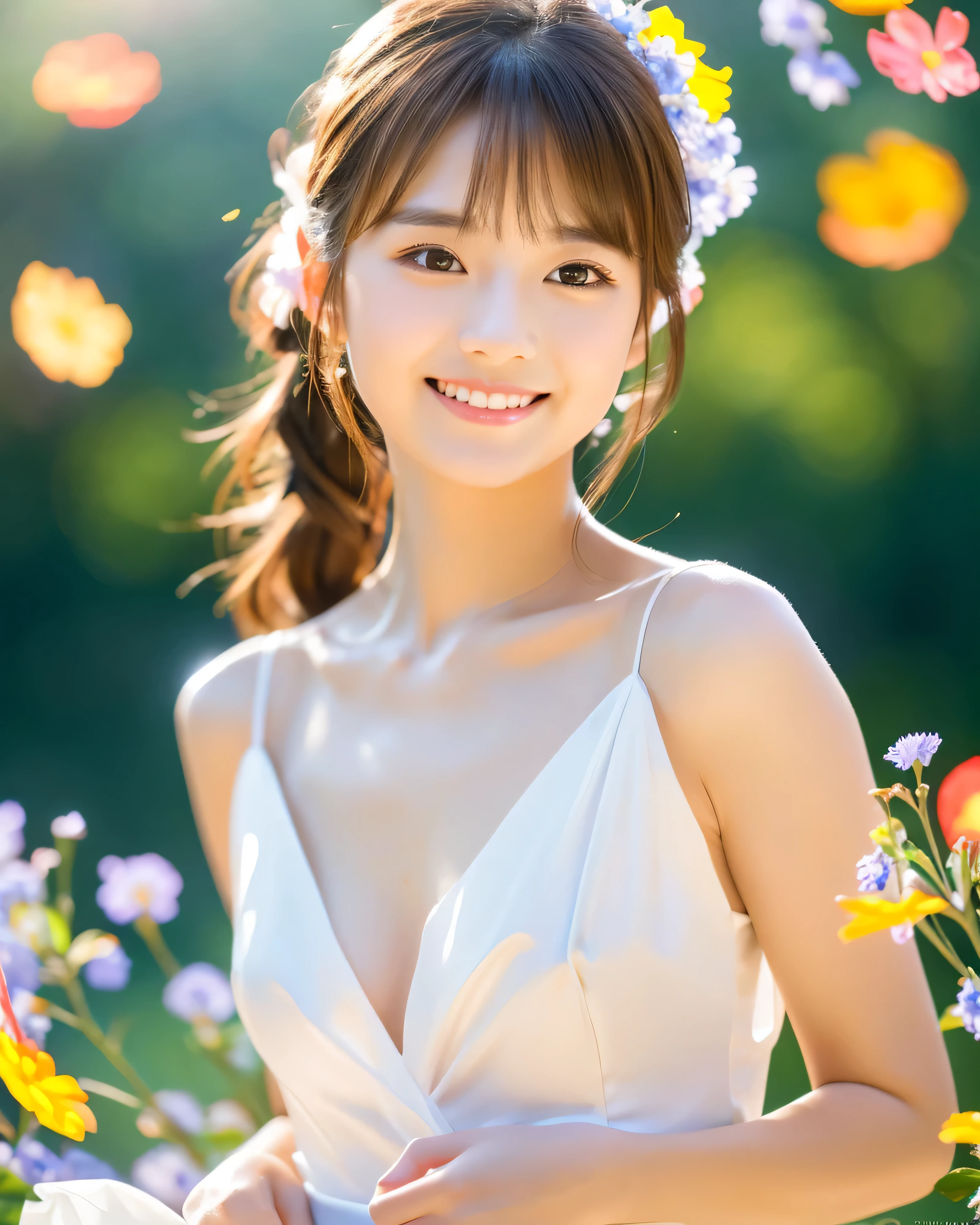 (highest quality, 8k, High resolution, masterpiece:1.5, ), beautiful japanese girl, 18-year-old, perfect human anatomy, big magic eyes, Smile, shiny brown hair, beautiful side ponytail, asymmetrical bangs, smooth and soft skin, white sexy bridal dress, fine silk fabric, Detailed and perfect clavicle, skirt fluttering in the wind, High resolutionの美しい胸元, ((plump breasts)), High resolutionの美しい太もも, (Colorful petals dance across the screen:1.3), beautiful nemophila field, spring sunshine, blue sky, sparkling light effect, professional lighting, professional photographer, professional model