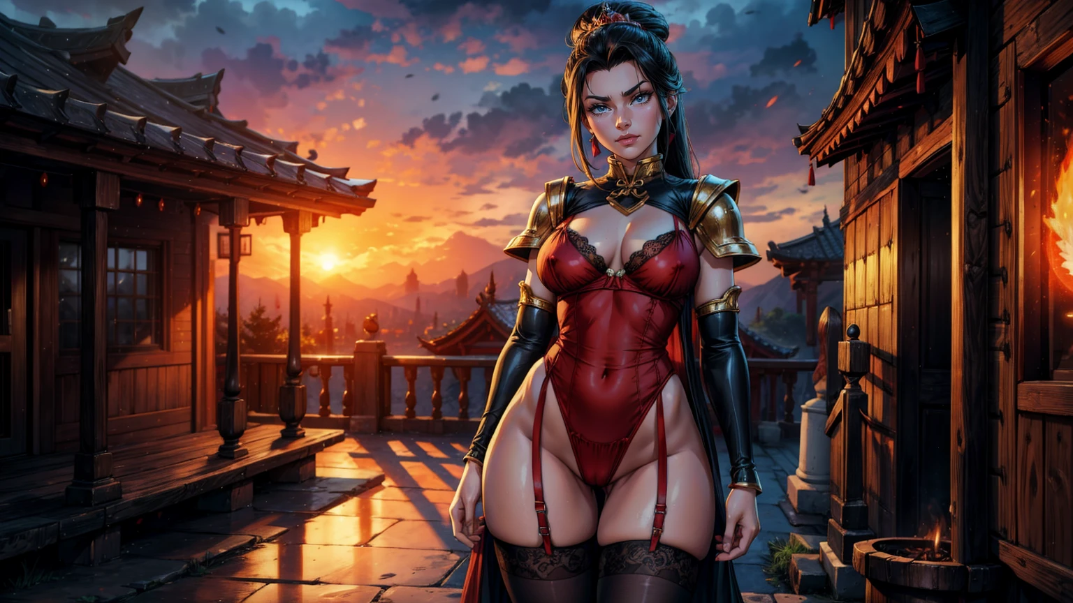 princess Azula, wearing transparent red lingerie, brown color eyes, red lipstick, angry face expression, silk stockings, lace stockings, see through lingerie, wide hips, naked body can be seen, standing on the street, house on fire, wild fire aura, lightning, (masterpiece), best quality, ultra-detailed, 1024k UHD wallpaper, ultra-high resolution, depth of field, HDR, Ray tracing, RTX, high saturation, high contrast, photon mapping, best texture quality, best compotitiontremely detailed CG 1024k wallpaper), Ultra HD, Perfect Face, Perfect Anatomy, Perfect hand, Perfect Finger, (Full body),