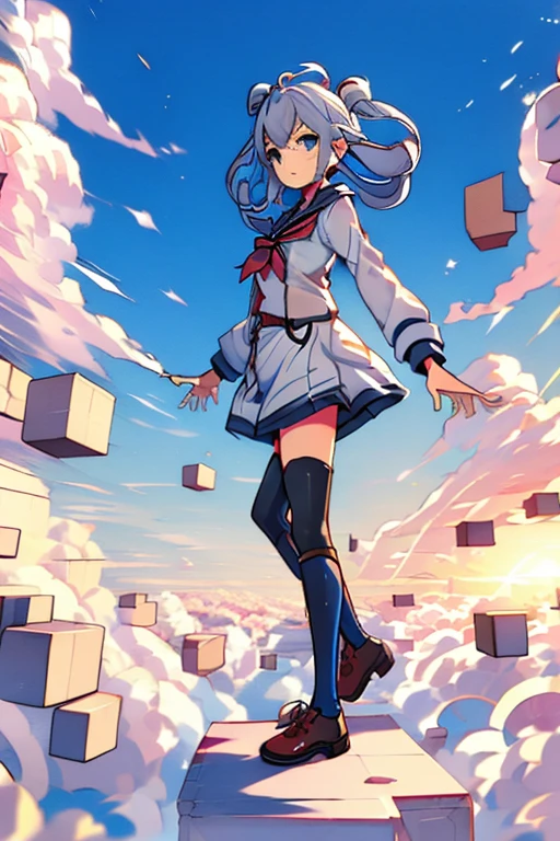 Phantasy Star Online 2, Matoi, standSky,floating brick object,in high position,sky,above clouds,too many blocks,looking down,(((standing on floating block))),
