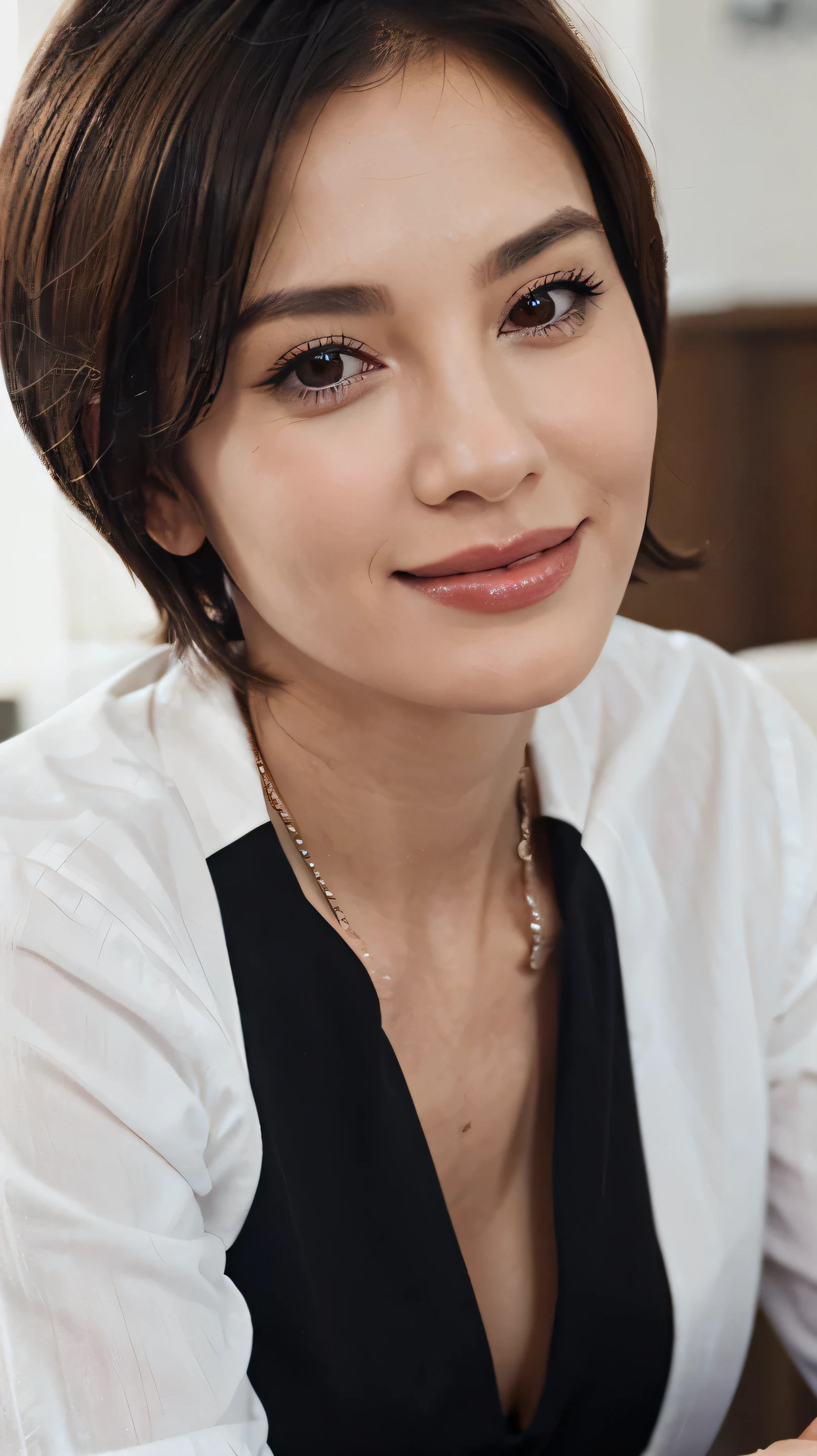 mature women wear business outfit,short hair,close up,smile