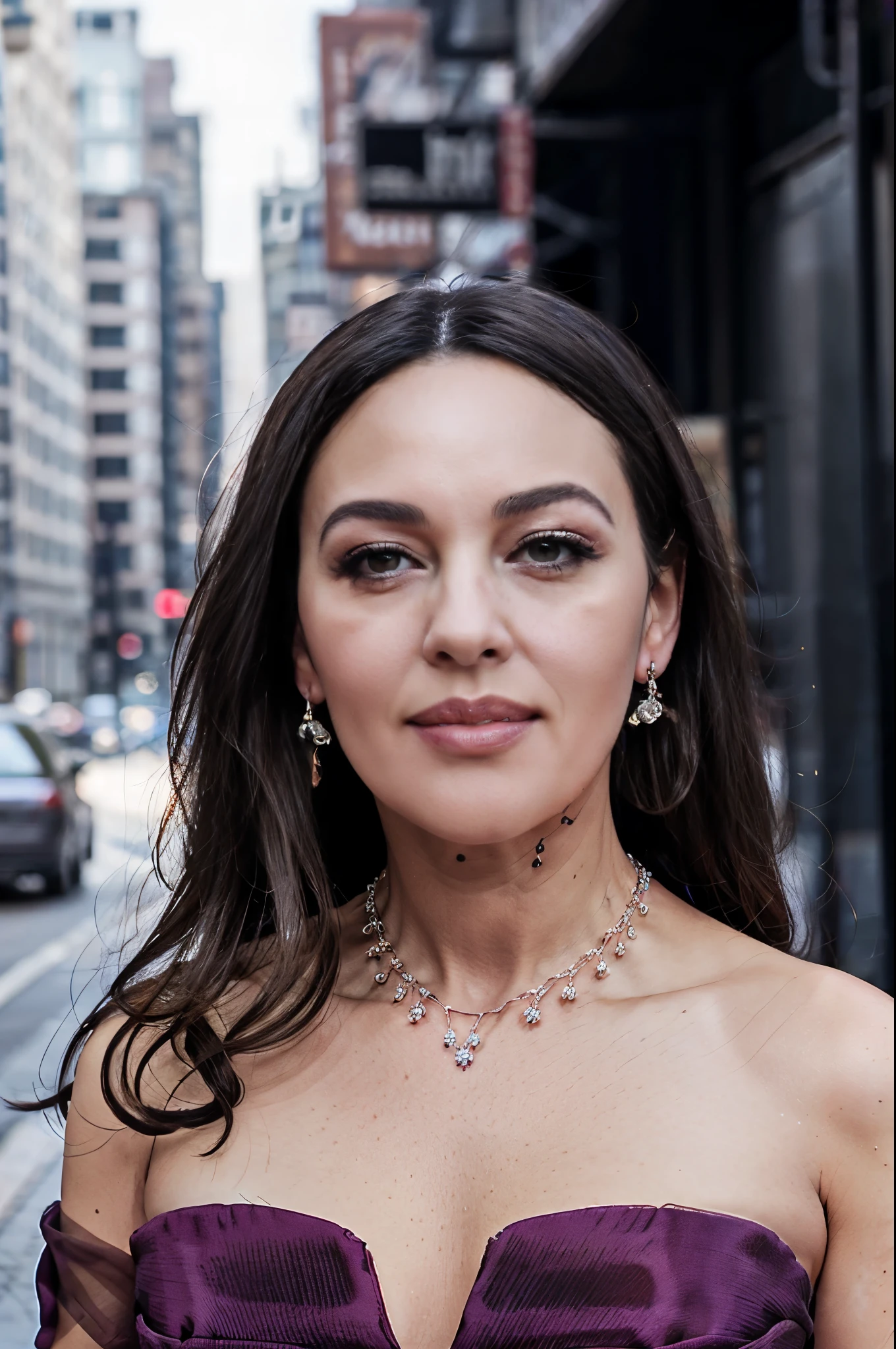 monica_bellucci is posing for a picture. Portrait photo. Long red transparent dress. Blurred city background. necklace, earrings. (YES SFW)