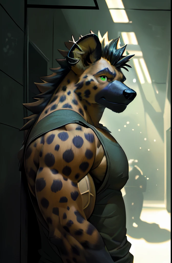 (hyena) male, solo, (perfect lighting), (light particle), (muscular, (green eye)(muscle bara body), (perfect eyes), (detailed face), (realistic eye details), piercing, ear piercing, eyes anime, (perfect eyes), (BROWN SPOTTED HYENA), (obra maestra), (dramatic light), (smooth light)., hyper muscle, graffity, hallway, gangster