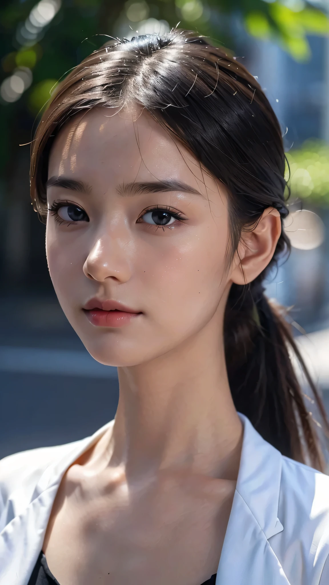 One woman,fully body photo,masutepiece, The highest image quality, High quality, the background is clear,Beautiful woman, Japanese, Detailed, Detailed eyes, Detailed skin, Beautiful skin, 超hight resolution, (reality: 1.4),Very beautiful woman, Slightly younger face, Beautiful skin, slender, (Ultra photo realsisim), (hight resolution), (8K), (Very detailed) (beautifully detailed eyes), (super detailed), (Detailed face), view the viewer, Fine details, Detailed face, Staring straight ahead, Staring straight ahead, photos realistic, Bright lighting, Professional Lighting, Black hair,poneyTail,a baby face,sixteen years old,Hairstyle is ponytail,long ponytail hairstyle,slight smile,wearing business suit,the street Office Buildings,