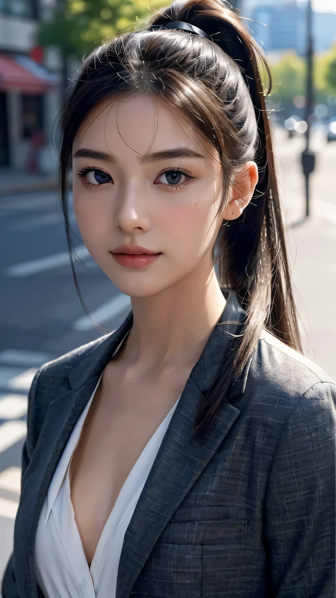 One woman,fully body photo,masutepiece, The highest image quality, High quality, the background is clear,Beautiful woman, Japanese, Detailed, Detailed eyes, Detailed skin, Beautiful skin, 超hight resolution, (reality: 1.4),Very beautiful woman, Slightly younger face, Beautiful skin, slender, (Ultra photo realsisim), (hight resolution), (8K), (Very detailed) (beautifully detailed eyes), (super detailed), (Detailed face), view the viewer, Fine details, Detailed face, Staring straight ahead, Staring straight ahead, photos realistic, Bright lighting, Professional Lighting, Black hair,poneyTail,a ,sixteen ye is ponytail,long ponytail hairstyle,slight smile,wearing business suit,the street Office Buildings,