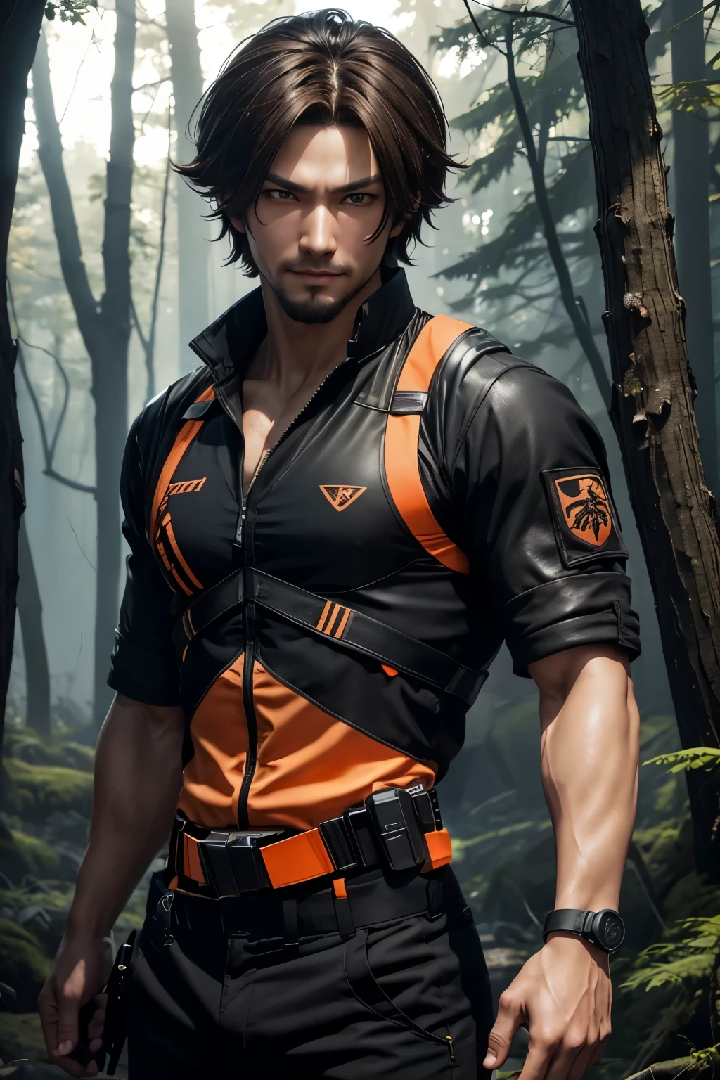8k,Young boy with fancy brown medium bob hair,challenging atmosphere,muscular slim body,super realistic skin,Severely cracked abdominal muscles,black and orange combat jacket,wear a white inner shirt,black combat pants,In the forest with a large and long Japanese sword,naughty smile,Big eyes,black eye,Wear black combat uniform to hide your body,perfect hand shapeの詳細,comical pose,masterpiece,Photorealistic RAW photos of the highest quality。bright colors,rich colors, Backlight, cinematic lighting, film grain, to be born, 50mm lens, Nikon D850,detailed character art,fantasy art,ultra high resolution,super realistic skin,perfect hand shape,mountain path,persona 4(Hanamura Yosuke),wild(super realistic skin),Stylish one-point beard,Yuichi Nakamura&#39;s face,hide physical beauty,