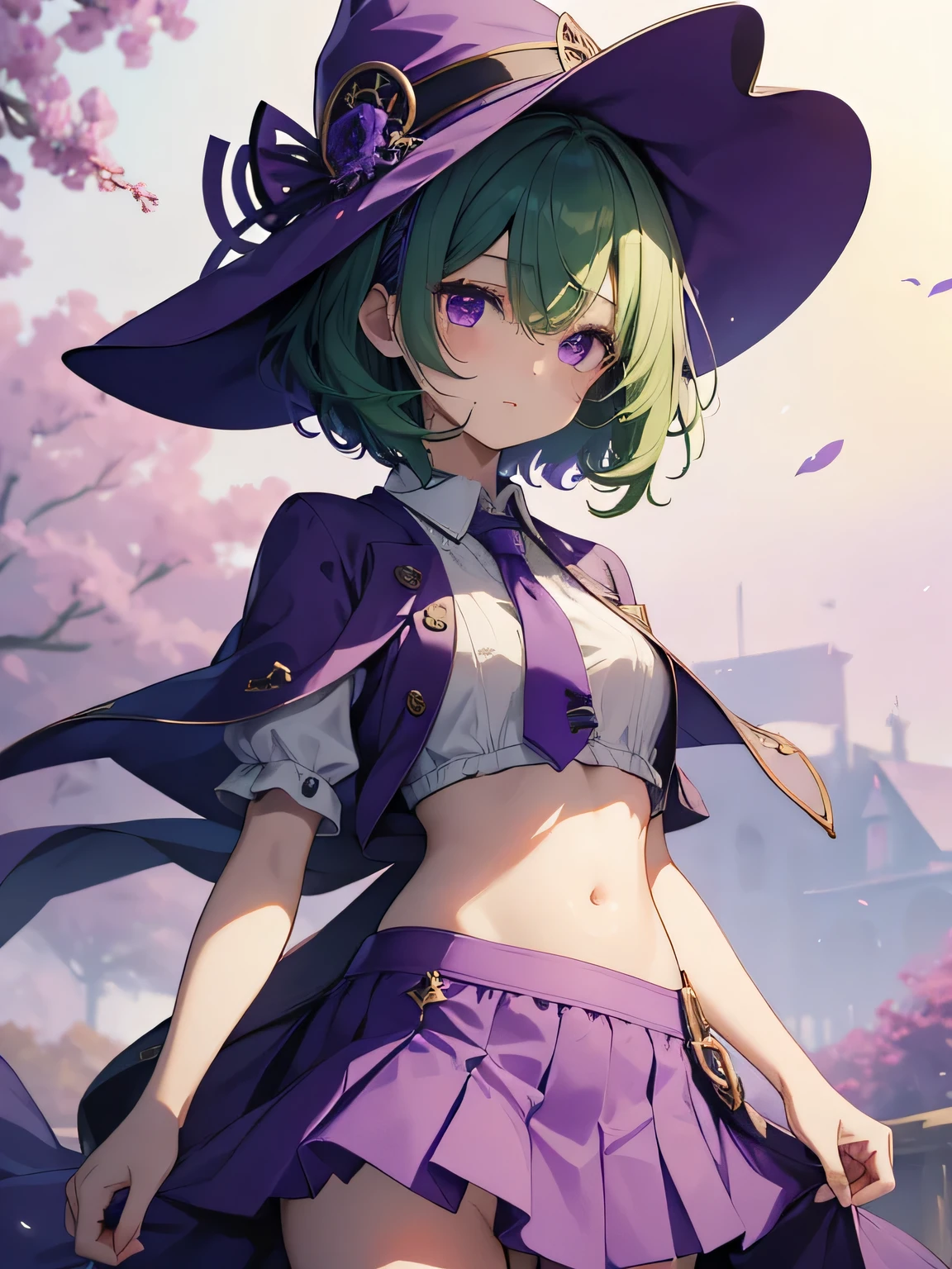 highest quality、very delicate and beautiful、(age girl)、purple eyes、green hair、short hair、(Purple Witch Hat)、purple tie、I、short sleeve、purple skirt、purple wizard'robe of、navel pussy、Are standing、facing forward、