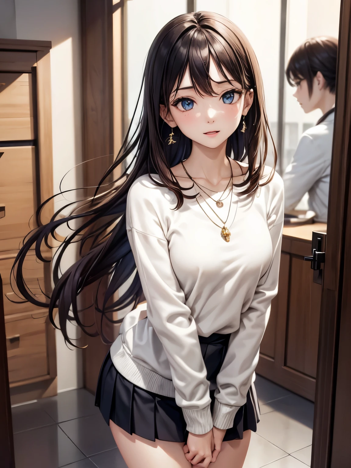 ((Biologically correct number of limbs))、((The number of fingers on one hand is 5))、((natural finger shape))、((full body shot, Full body photo including face、head to toe photo))、standing position、[NSFW]、4K、masterpiece、((focus on the face))、((Symmetrical facial features))、Eyes of minute description、Beautiful woman、outstanding style、beautiful clavicle、beautiful legs、slender body、(small ass、thin thighs）、(high heels）、Detailed depiction of faces、small earrings、necklace、Low - Angle、(upper body sweatshirt、lower body skirt）、Holiday morning scenery、