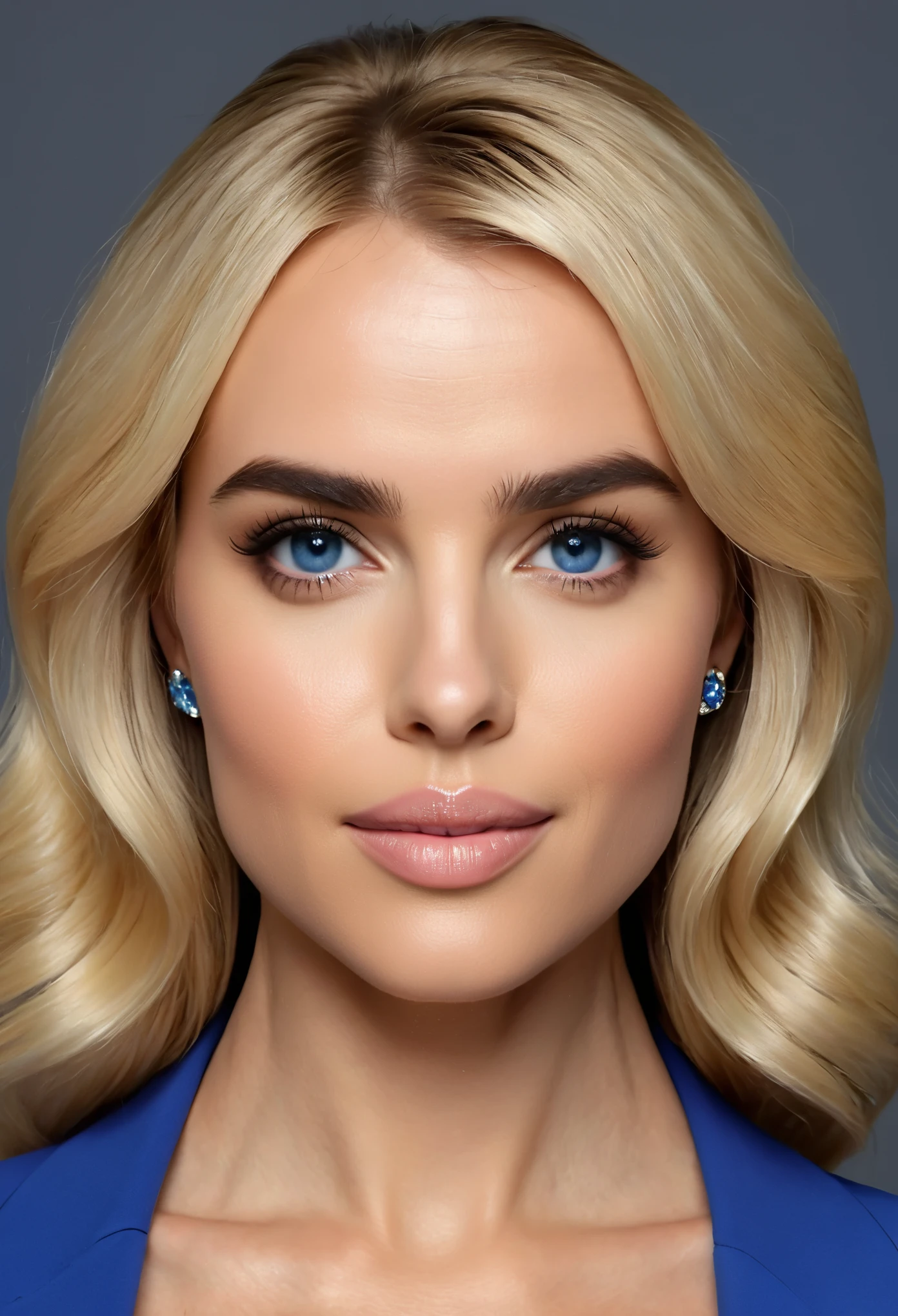 Real photography, ultra real Photo of a woman standing in front of a gray background, full body visible, staring directly into the camera with a centered front view, her features a composite of beauty ideals including the perfect facial features resembling Diane Guerrero, AnnaSophia Robb's hyperreal brows, the piercing blue eyes of Heather Graham, the distinctive nose structure of Lucy Liu, and lips shaped like Kerry Washington's, all harmonizing to emulate the golden ratio, her skin is pale with an immaculate, glossy finish, (expressive, symmetrical, shiny!!!!, highly detailed glowing, kind, blue!!, beautiful detailed, extremely detailed, longeyelashes, mesmerizing gaze, sparkling, expressive, colorful palette) eyes, (normal-sized iris), ((pale, clear, moist, shiny glossy, oily) skin), (blonde hair from roots to tips), (complete absence of makeup), ultra realistic lips, (Professional lighting), ultra-high resolution:1.9, best quality:1.9, masterpiece:1.9, ultra realistic:1.9, Ultra-clear:1.9
