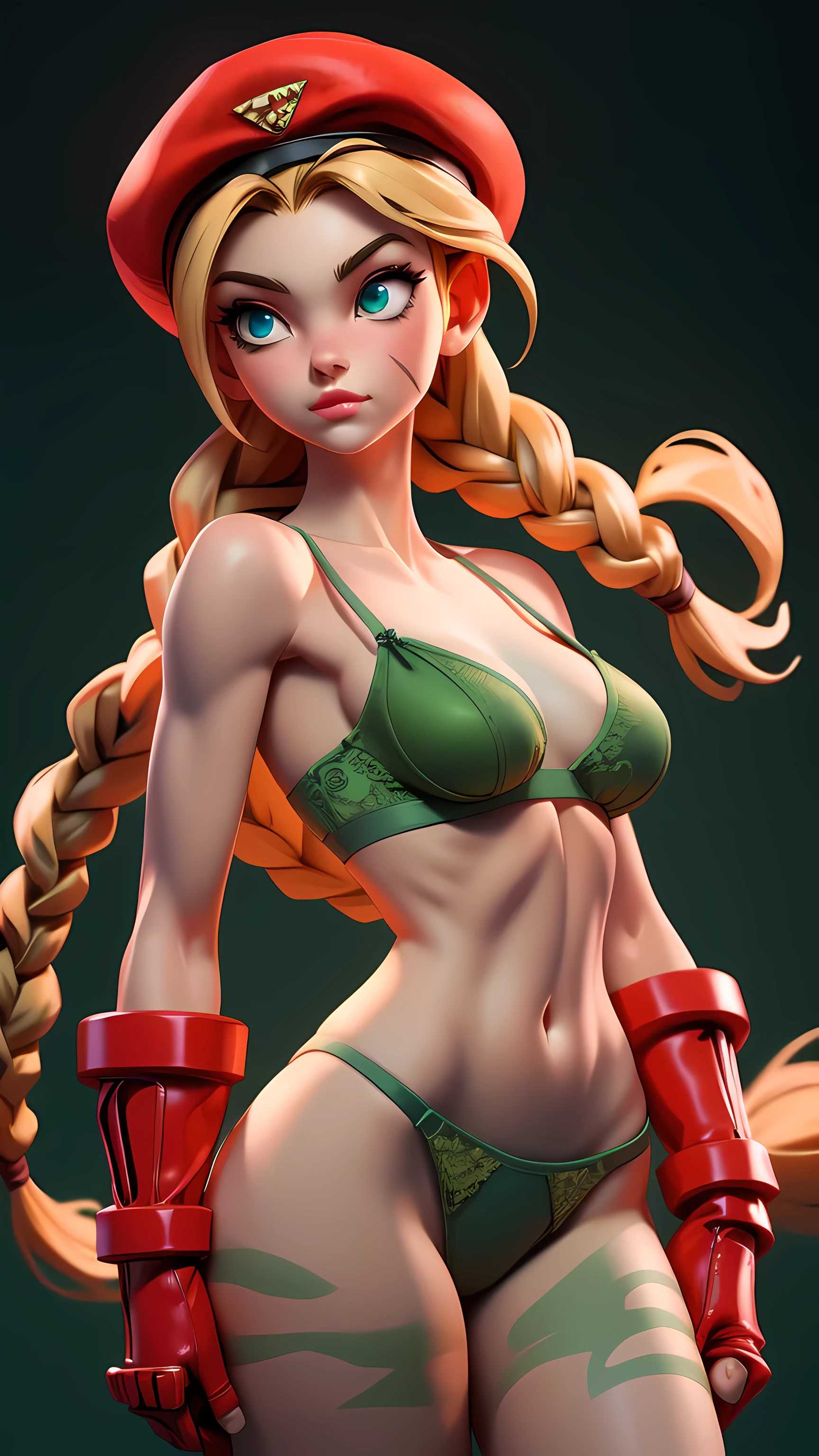 masterpiece, best quality, highres, 1girl, cammy white, twin braids, long hair, blonde hair, antenna hair, beret, (red headwear:1.3), blue eyes, scar on cheek, (((green lingerie))), large boob 36 DD, sleeveless, red gloves, fingerless gloves, camouflage, cowboy shot, standing, outdoors, arms at sides, straight-on,