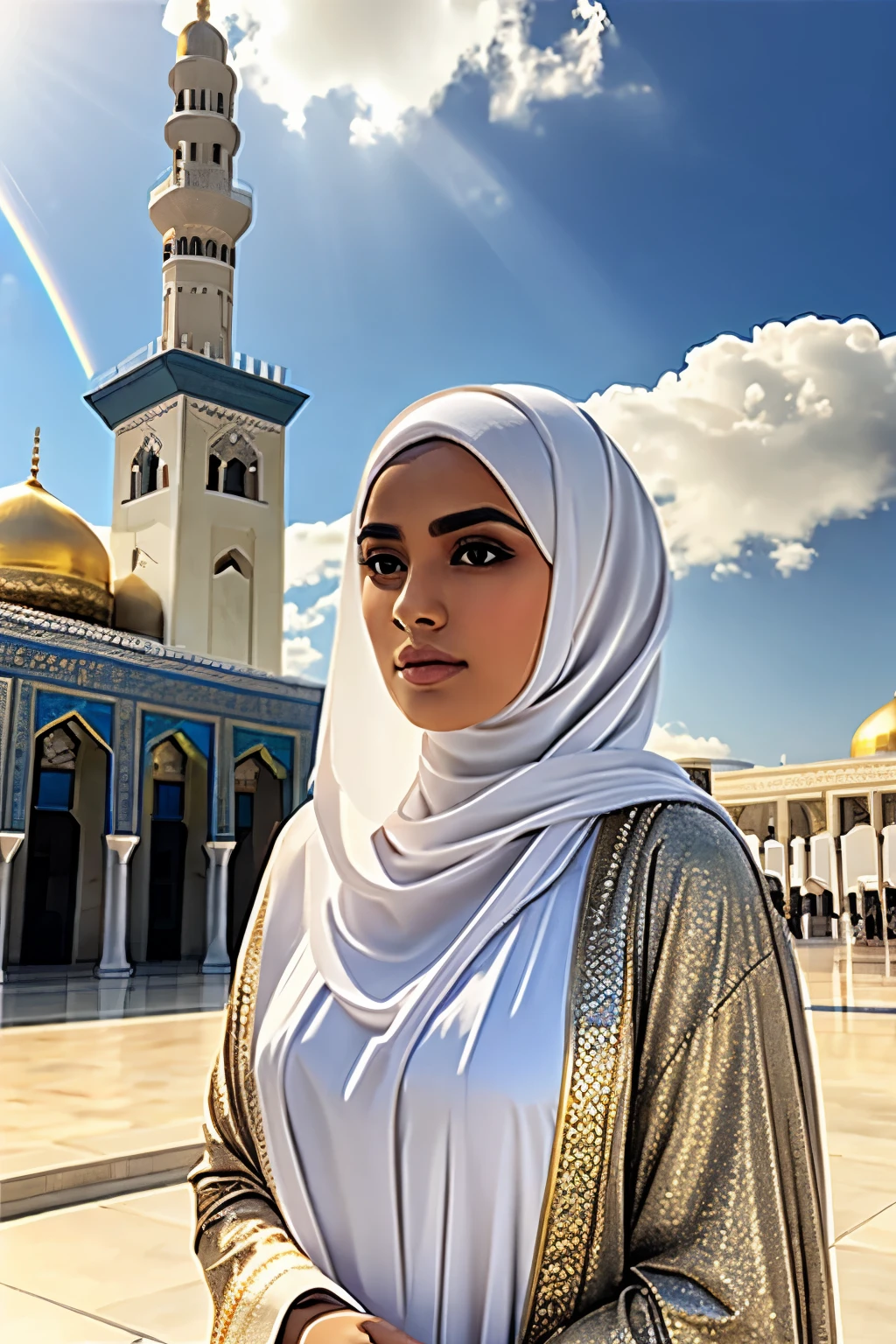 Girl in hijab, Iranian, white tent with golden edges, Jamkaran mosque background, wide eyebrows, big black eyes, realistic, dramatic, praying, light, dove, cloud and rainbow, behind head, long shot