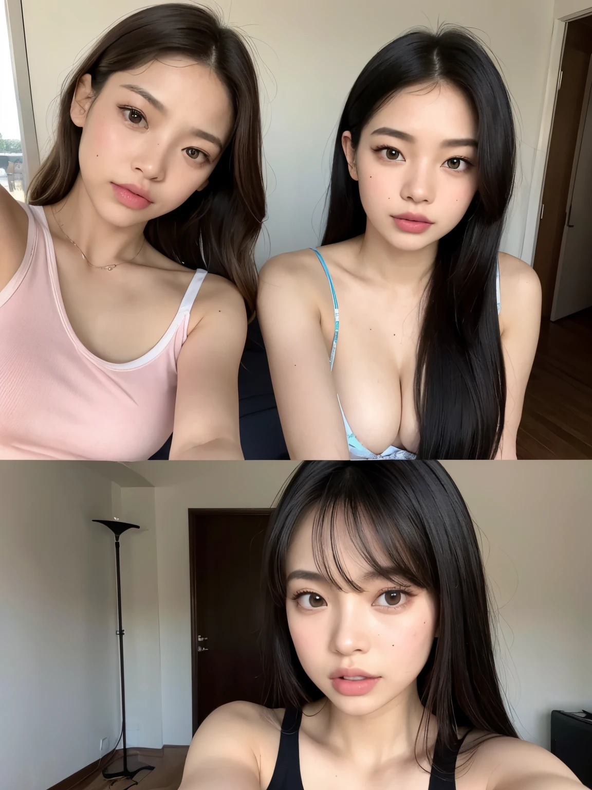 Kim Jennie de blackpink con el cabello rubio claro, cabello rubio con ondulado, cabello de color rubio ondulado, with small fringes, ojos color negro, nariz respingada y bonita, labios gruesos, Cupid and heart shaped lips....., labios rosas, pale, piel blanca, piel bonita y suave, con pecas y lunares, cejas bonitas, marked and beautiful clavicle, mientras tiene un polo con rosas color rojo tinto, rojo oscuro, con ropa interior femenina, abdomen delgado y bonito, escote desnudo, (pechos grandes, pechos suaves, pechos naturales, escote desnudo), mientras agarra una rosa, mirando a la camara, autofoto, selfie lejana, selfie from all angles, alguien se esta tomando selfies, foto lejana y de distintos algunos