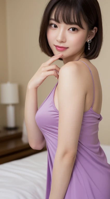 (8k, RAW photo, highest quality, masterpiece:1.2), Super detailed, super resolution, (realistic, realistic Photo:1.37), 1 woman, portrait photography, High-definition RAW color photo, professional photos, 非常に詳細で美New, very detailed, 8k wallpaper, amazingly detailed, huge file size, official art, highly detailed CG unity 8k wallpaper, very detailed美New女の子, very detailed顔, very detailed目, very detailed肌, very detailed指, very detailed鼻, very detailed詳細な口 , perfect anatomy, very detailed背景, very detailed服, 1 girl, (20:1.2), 20th generation, cute girl, realistic body, The beauty of slim abs, Fair skin, glowing skin, slender body, long slender legs, handsome body, shiny light brown hair, Feminine adult loose bob, (dull bangs:1.2), Overflowing smiles, 美New歯並び, cute, like々New, beautiful small face, realistic face, Beautiful actress' perfect makeup, delicate eyes, Slit eyes that suck you in, Plumpy glossy red lips, flushed cheeks, Fully exposed upper body, small bowl-shaped breasts, small upturned pink areola, purple nightgown with open front, necklace, earrings, double eyelid, 美New細い眉毛, Shooting a sex scene, Spotlight, Sleeping on your back on a white bed, Sex with a lover, touch breasts, A face that feels with its mouth half open, stare at the viewer, Stunning full body shot from above, dynamic lighting