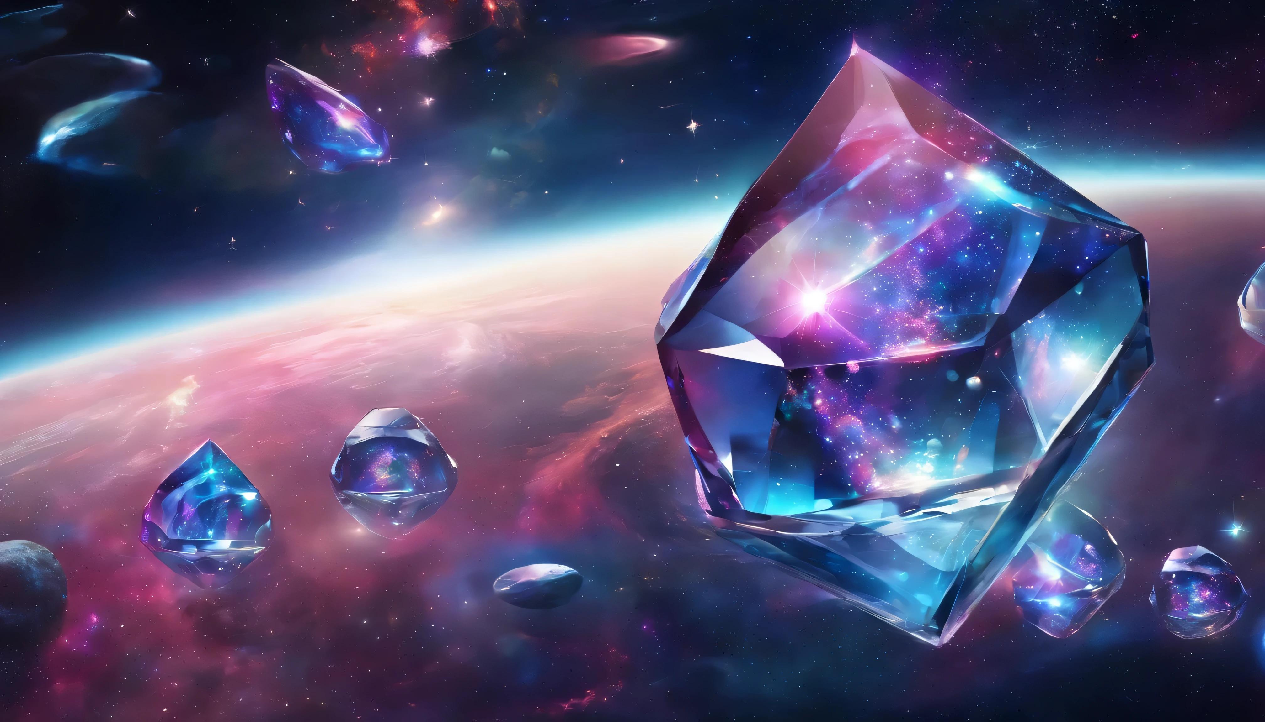 (diamond shaped glass :1.3)、there are no humans、about、There&#39;s a universe inside,The background is space,Depth of the bounds written、(blurred background))、 masterpiece、highest quality、super detailed house