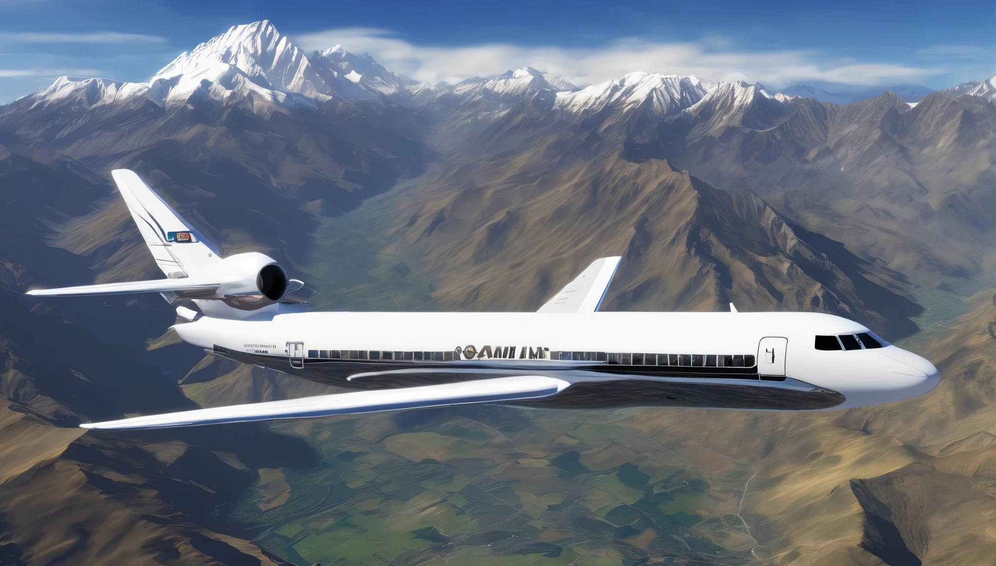 (best quality,4k,8k,highres,masterpiece:1.2),ultra-detailed,realistic,Lockheed L-1011 TriStar airplane,flying through the Andes mountains,beautiful mountain range,deep valleys,towering peaks,captivating aerial view,powerful engines roaring,vast expanse of sky,shimmering sunlight bathing the landscape,crisp and clear atmosphere,majestic scenery,blue sky dotted with fluffy white clouds,high-altitude flight,feeling of freedom and exhilaration,precise aerodynamics,immaculate engineering,sleek and elegant aircraft design,impressive wingspan,glass cockpit with advanced avionics,cockpit crew skillfully maneuvering,passengers enjoying a breathtaking journey,comfortable and luxurious cabin,spacious seating and legroom,attentive flight attendants serving refreshments,aircraft gliding smoothly through the air,fascinating views of snow-covered mountain peaks,crystalline rivers winding through the valleys,majestic condors soaring above,unique perspective of the Andean landscape,awe-inspiring natural beauty,harmony between man-made marvels and untamed wilderness,a masterpiece of human achievement amidst rugged nature.