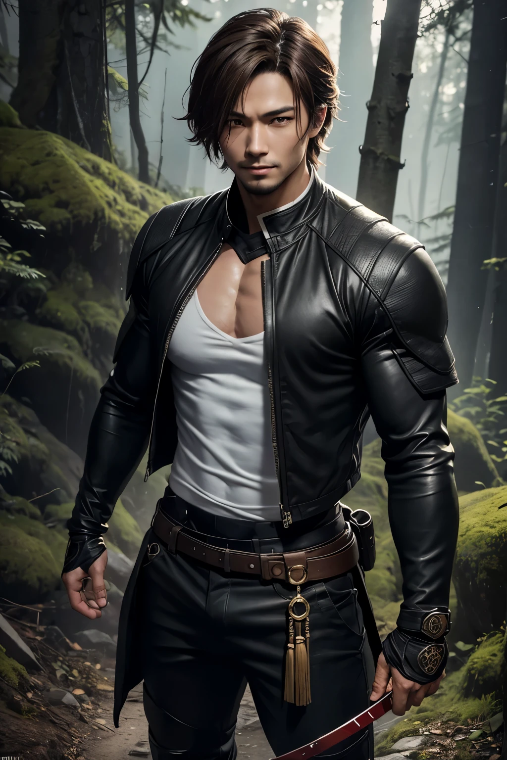 8k,Young boy with fancy brown medium bob hair,challenging atmosphere,muscular slim body,super realistic skin,Severely cracked abdominal muscles,black and orange combat jacket,wear a white inner shirt,black combat pants,In the forest with a large and long Japanese sword,naughty smile,Big eyes,black eye,Wear black combat uniform to hide your body,perfect hand shapeの詳細,comical pose,masterpiece,Photorealistic RAW photos of the highest quality。bright colors,rich colors, Backlight, cinematic lighting, film grain, to be born, 50mm lens, Nikon D850,detailed character art,fantasy art,ultra high resolution,super realistic skin,perfect hand shape,mountain path,persona 4(Hanamura Yosuke),wild(super realistic skin),Stylish one-point beard,Yuichi Nakamura's face,hide physical beauty,