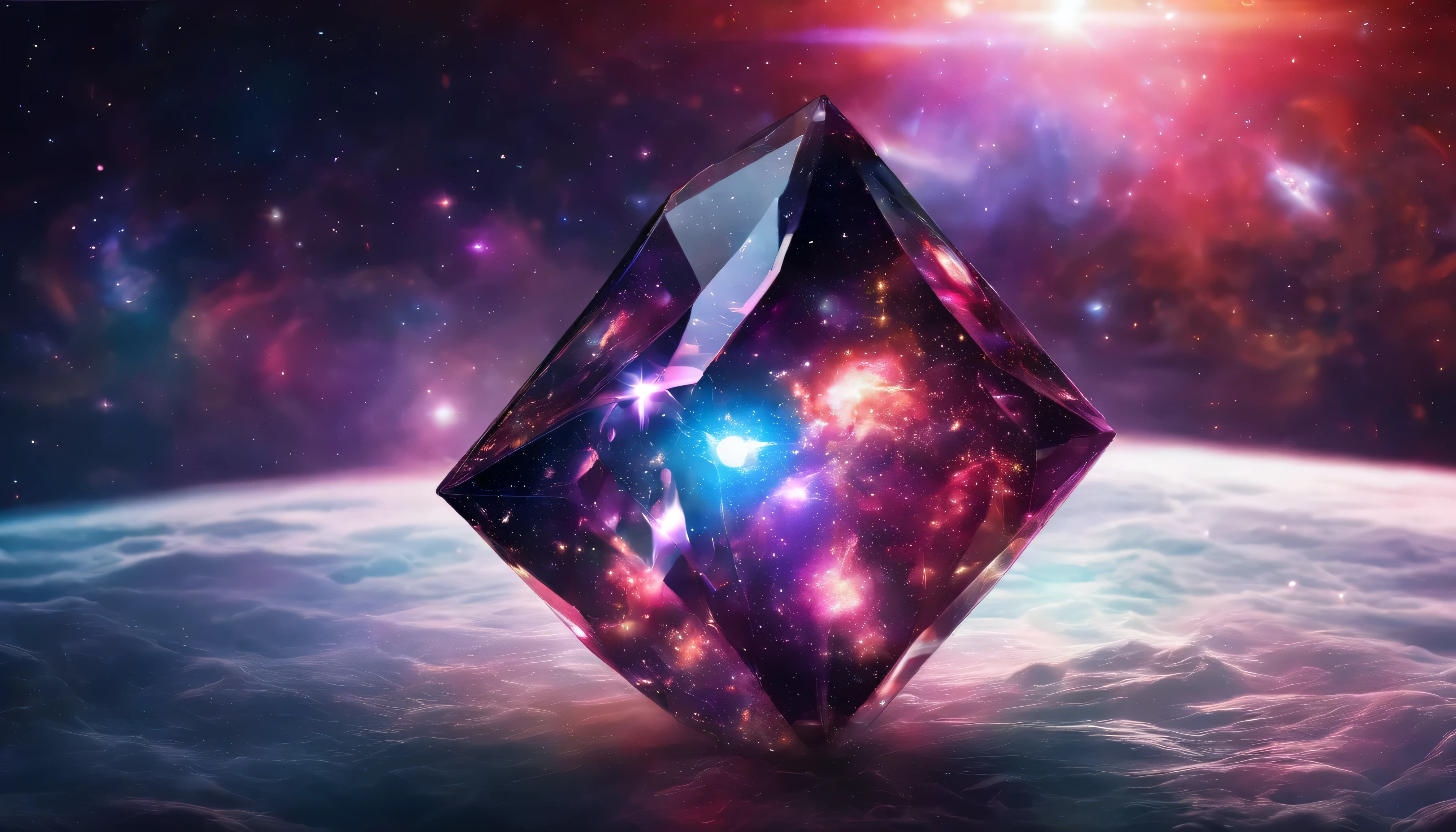 (diamond shaped glass :1.3)、there are no humans、about、There&#39;s a universe inside,The background is space,Depth of the bounds written、(blurred background))、 masterpiece、highest quality、super detailed house