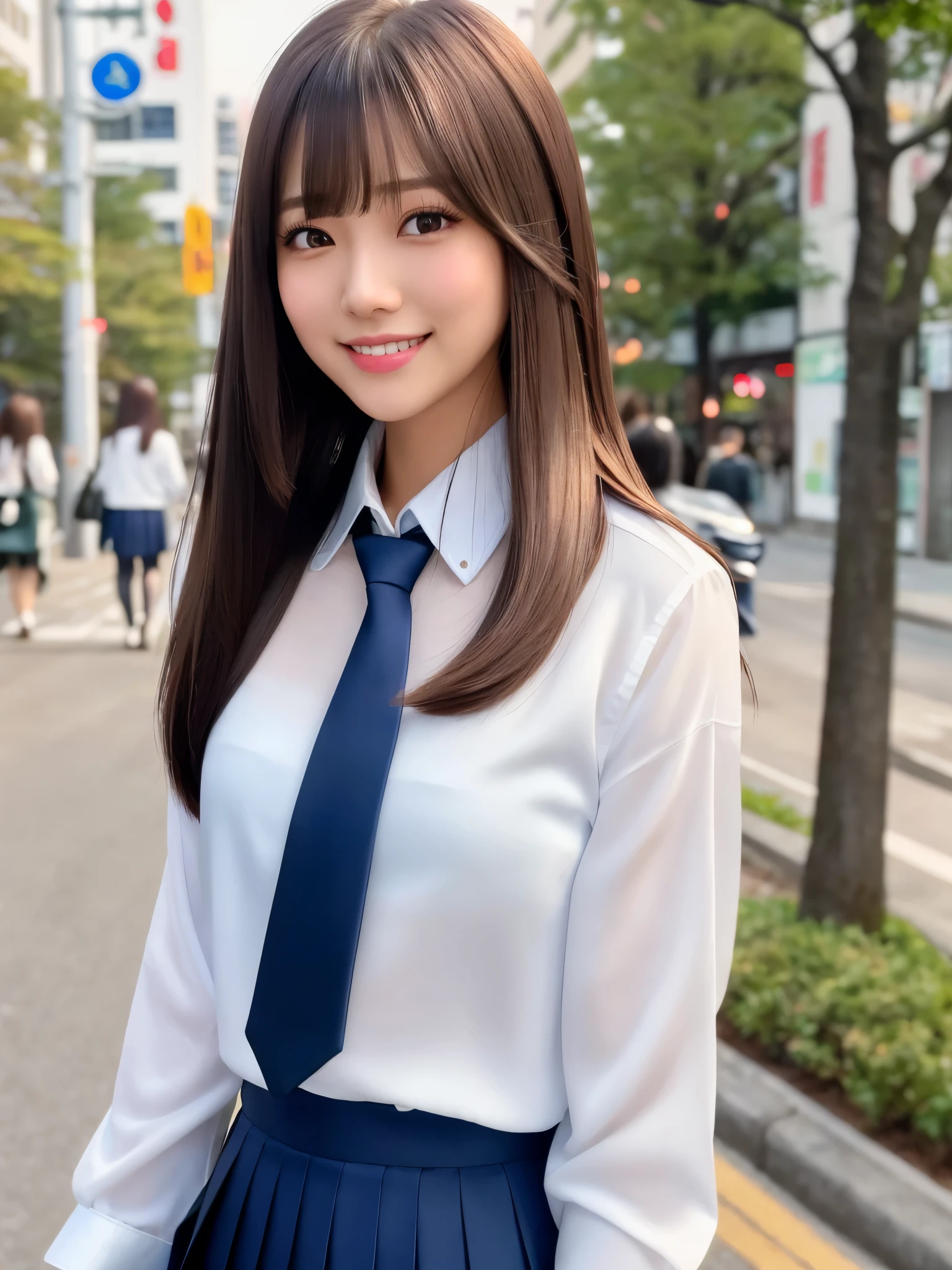 product quality, 1girl, upper body shot, front view, a Japanese young pretty girl, long bob hair, walking with a big smile on a crowded street in the winter morning, glamorous figure, wearing a white collared silky satin shirt of long sleeves, shiny satin dark blue plain long tie, dark blue pleated long skirt, school bag over her shoulder, hyper cute face, glossy lips, double eyelids in both eyes, natural makeup, long eyelashes, shiny smooth light brown long bob hair, asymmetrical bangs, a tanned skin, central image, high resolution, high detail, detailed hairstyle, detailed face, spectacular cinematic lighting, octane rendering, vibrant, hyper realistic, perfect limbs, perfect anatomy