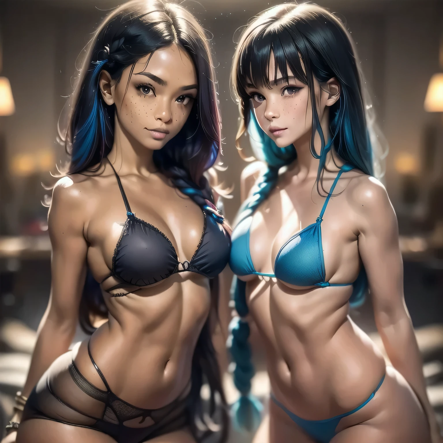 Generate a high-quality 16k resolution image using advanced rendering techniques such as photon mapping, radiosity, and physical rendering with automatic white balance. 2. The image should feature a woman with the following specifications: - Smooth, soft skin with visible pores and a heart-shaped butt, reflecting a current trend in Brazil. - Perfect skin, with freckles and blue hair. - Her hair should be very long, with parted bangs and a long braid. - She should have ultra-detailed eyes and a smiling expression. - She is wearing cotton mesh micro lingerie, cotton underwear or very short pajamas, and gym clothes. The woman's pose should be sexy, looking directly at the viewer. She may be scantily clad, with small breasts and nipples visible. The image should focus on the woman's beautiful, symmetrical face, with a bikini line on her tanned skin. The lighting should be cinematic, with masterful lighting and slightly intensified twilight. Use perfect lighting, dark, night, and cinematic lighting. The background should be ultra-detailed, rendered using CGI with Unreal Engine 5. Photo Studio, but must have a soft focus effect. The final artwork should not be based on a specific photograph, but should look realistic. The composition should evoke a sense of technology and high-quality craftsmanship, reminiscent of a masterpiece of illustration and CG art. The composition must include elements of unity, wallpaper, and official art. The final image must present fine details, extreme delicacy and beauty, with sharp focus and a high level of detail. The woman's hair should be detailed with fringes. The image should be rendered with a black background and a simple background.