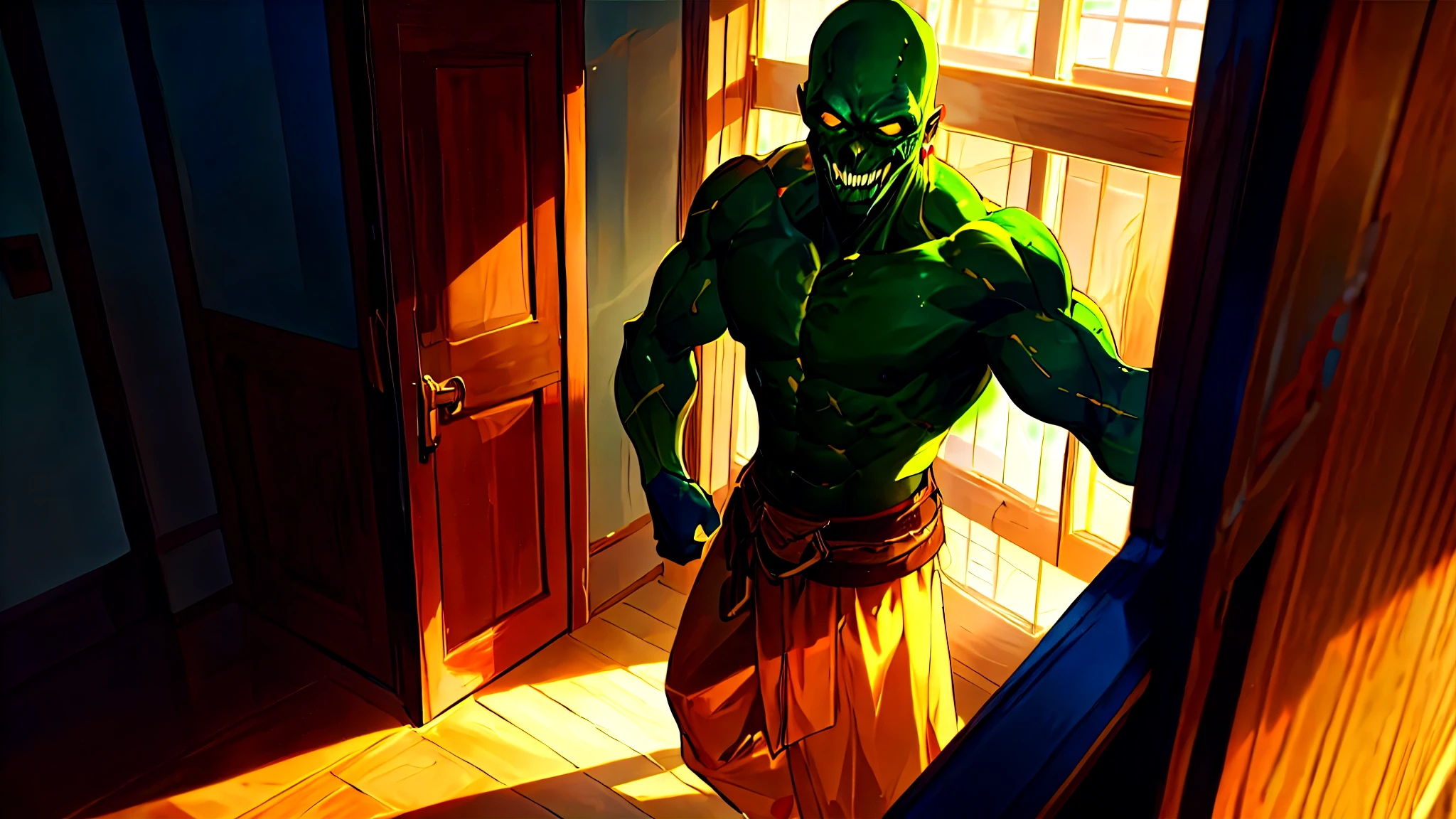 One giant male, very scary, green skin, getting up to look, standing at the door with golden light.