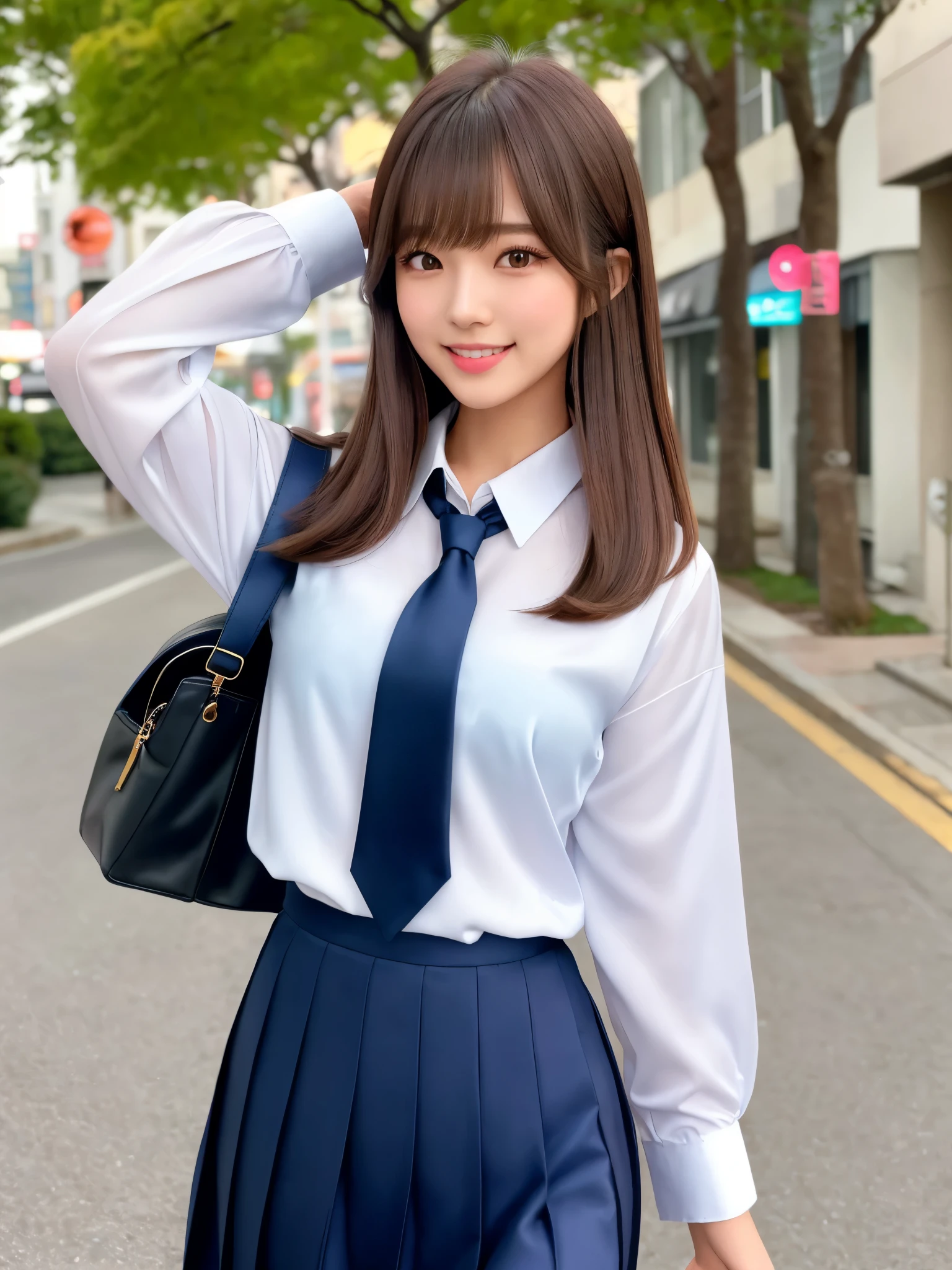 product quality, 1girl, upper body shot, front view, a Japanese young pretty girl, long bob hair, walking with a big smile on a crowded street in the winter morning, glamorous figure, wearing a white collared silky satin shirt of long sleeves, shiny satin dark blue plain long tie, dark blue pleated long skirt, school bag over her shoulder, hyper cute face, glossy lips, double eyelids in both eyes, natural makeup, long eyelashes, shiny smooth light brown long bob hair, asymmetrical bangs, a tanned skin, central image, high resolution, high detail, detailed hairstyle, detailed face, spectacular cinematic lighting, octane rendering, vibrant, hyper realistic, perfect limbs, perfect anatomy