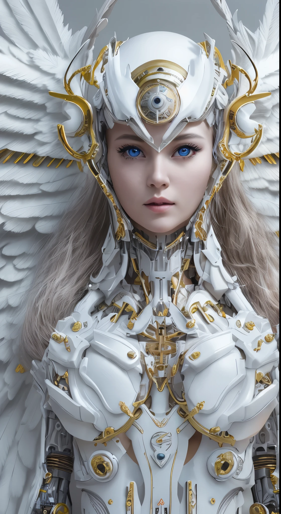 Close-up of a woman in a white dress with wings, full body angel, futuristic robot angel, amazing angel wings, angel knight gothic girl, angel in plastic armor, Complex衣装デザイン, As a mysterious Valkyrie, The whole body is made of white feathers,, futuristic and fantastic, white wings, beautiful angel wings, steampunk angel, beautiful cyborg angel girl, graceful wings,organic cyborg, white plastic, diffused lighting, fantasy, Complex, elegant, very detailed, lifelike, realistic, digital painting, artステーション, figure, コンセプトart, Smooth, sharp focus, art