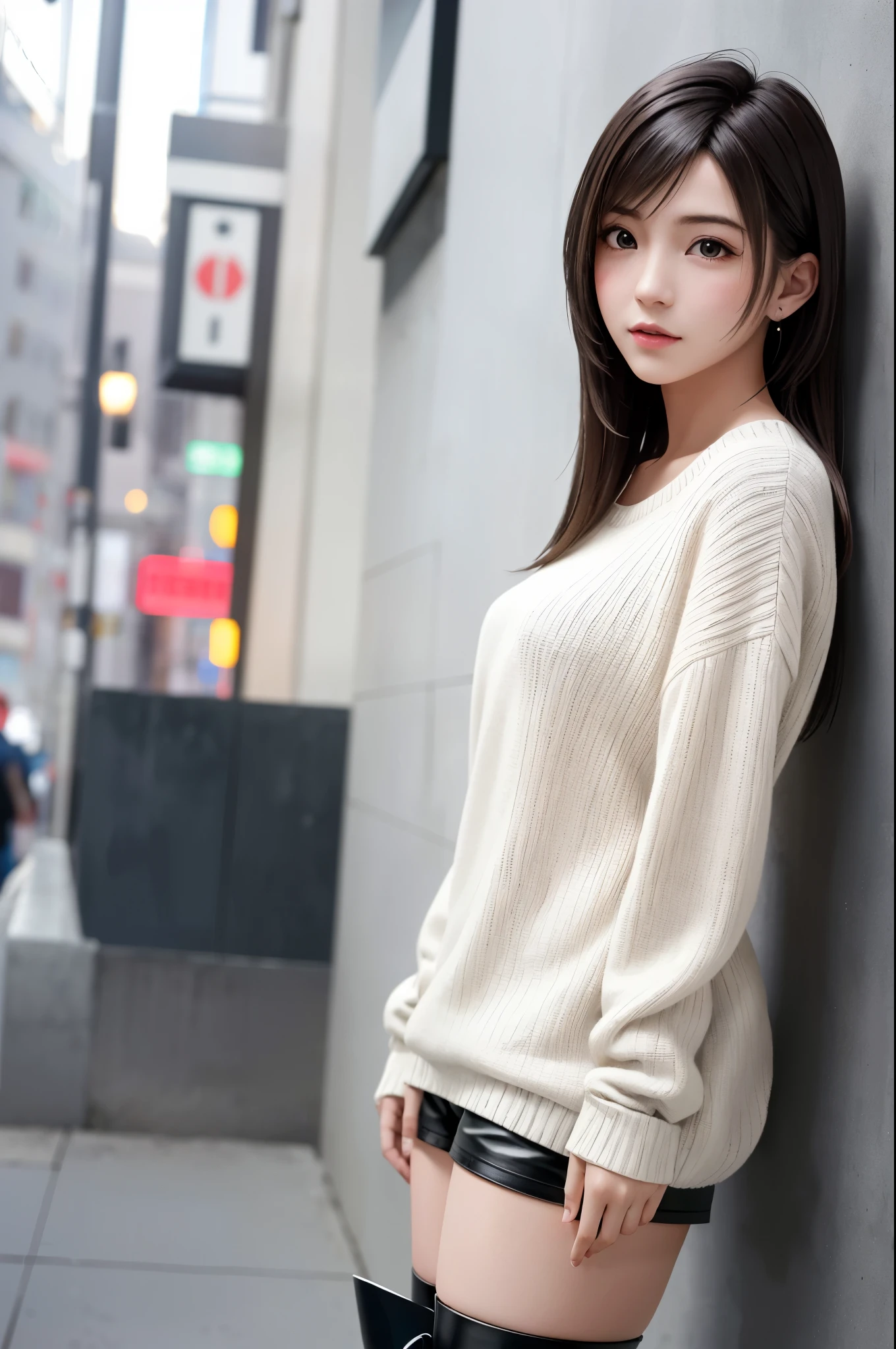 (top quality, masterpiece: 1.1), (Realistic: 1.3), (photo Realistic: 1.3), BREAK {{{FF7,Tifa_lockhart,solo}}},(Wearing loose knit-dress:1.3,oversized sweater:1.3,long sleeve:1.2,white sweater),((short pants)),(tight very long boots:1.2),(Shibuya, Tokyo, big city background:1.1,outdoor),(model pose:1.1),Ultra-detailed face, Detailed eyes, Red eyes, BREAK (((FF7,Tifa_lockhart))),(black brown hair, Large breasts: 1.2), BREAK (no bra),(Small and beautiful hard nipple) , About 18 years old, kawaii,(face focus:1.0,face close up:1.0), sensual, zettai_ryouiki:1.1 ,looking at viewer, cowboy shot, lean against the wall, standing