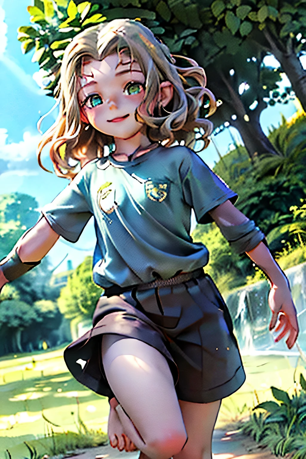 a boy,Beautiful and delicate eyes,Beautiful and delicate lips,extremely detailed face,curls,brown hair,freckle,smiling face,happy expression,blue shirt,play soccer,Walking barefoot on the green grass,sunny,Outdoor view,motion blur,HD resolution,Dark,natural lighting,Soft shadows,scenograph,action shots