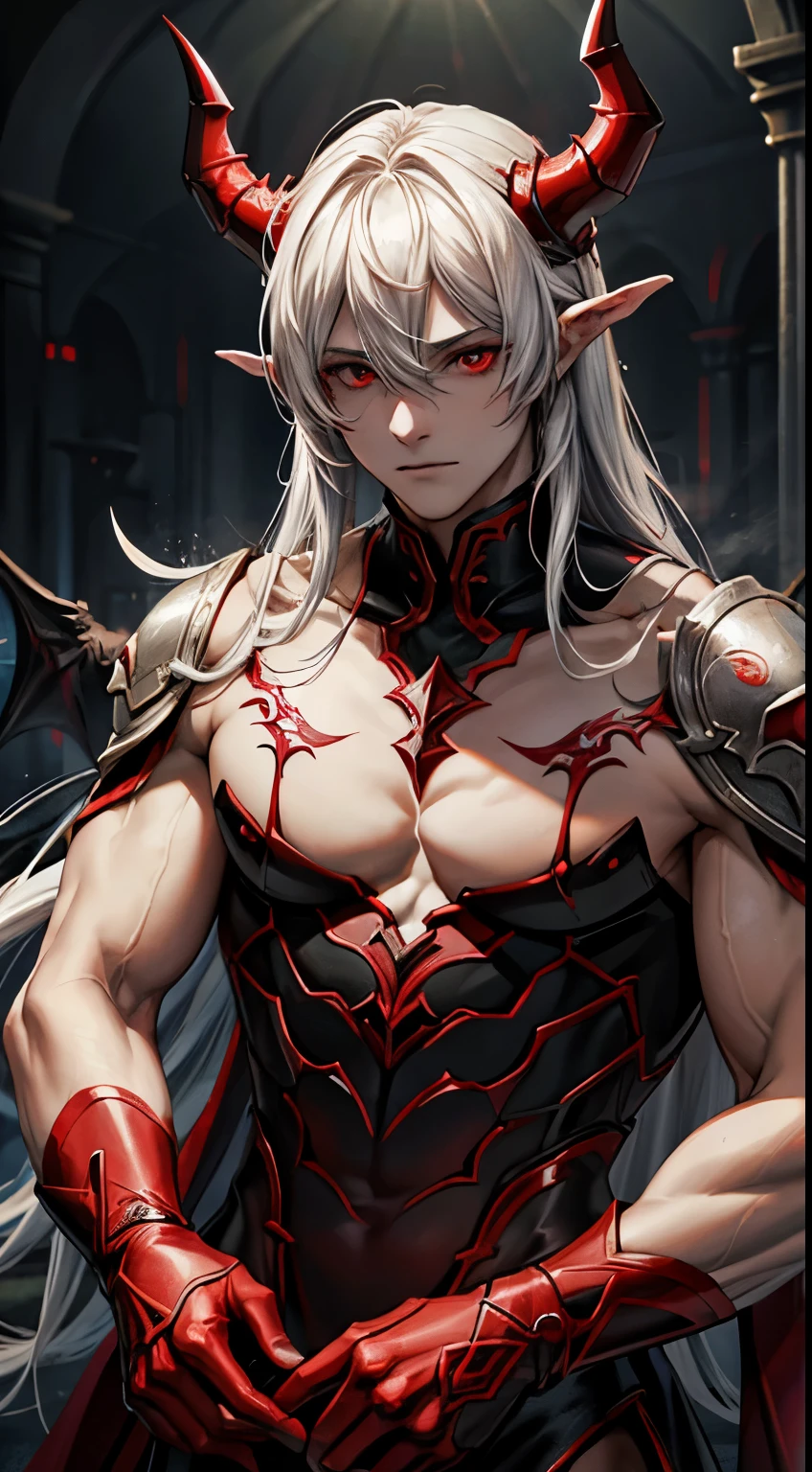 (male), (alone), maleの子1人, High resolution, super detailed, highest quality, wonderful, highest quality, Highly detailed CG Unity, 吸血鬼のmale, detailed glowing red eyes, pale skin color, devil's horns, Depth of the bounds written, Red clothes, Half body, cinematic lighting, A boy with dark, white long hair, red eyes, Killer Machine, foggy atmosphere, shining blood, darkness, fantasy,