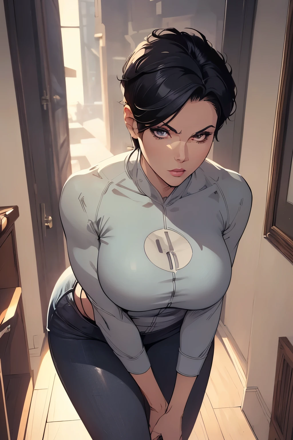 (masterpiece, best quality, detailed illustration, high resolution), ((1girl, solo)), ((huge breasts, slim waist, long legs, fit body, toned body)), ((black hair)), ((casual clothes)), ((full body, closeup view)), ((standing)), ((looking at the viewer, facing the viewer)), office setting, ((tanned skin)), oiled skin, ((large breasts, mature woman, mature female, mature lady)), ((short hair)), (detailed eyes), ((standing)), ((good eyes, better eyes, expressive eyes)),