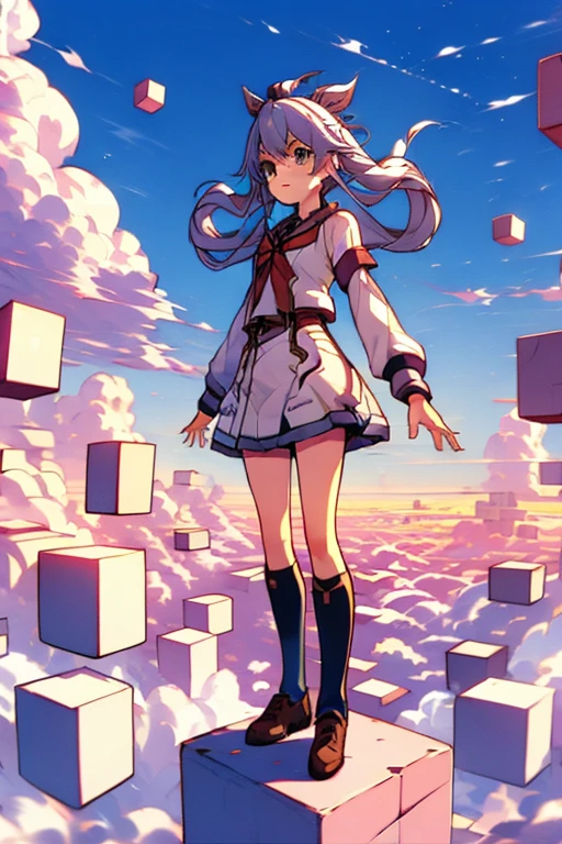 Phantasy Star Online 2, Matoi, standSky,floating brick object,in high position,sky,above clouds,too many blocks,looking down,(((standing on floating block))),
