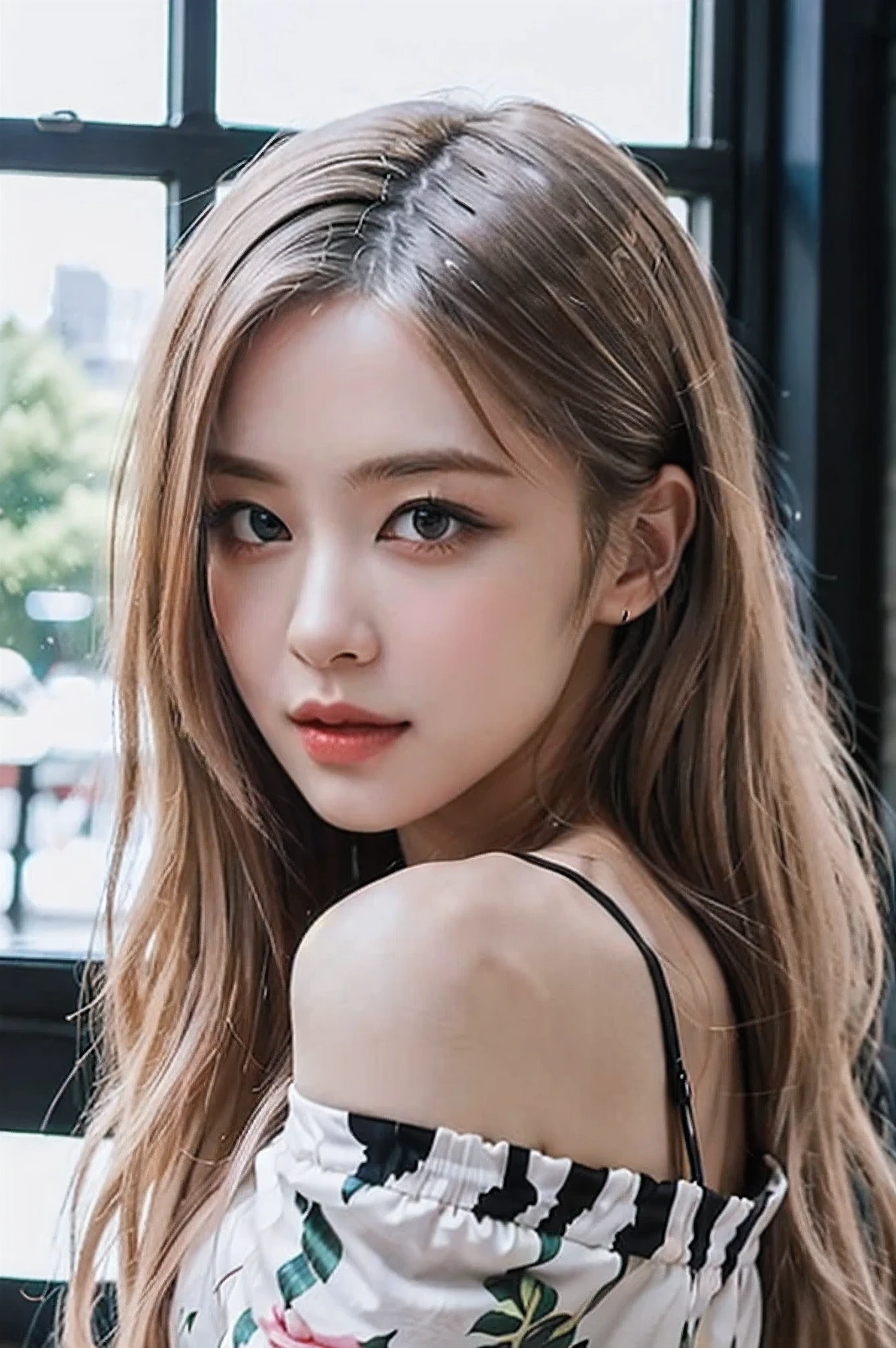 (masutepiece:1.3), (1K picture quality), Photorealsitic, Raw photo, (Best Quality: 1.4), (1womanl), Pretty Face, (Realistic face), (A dark-haired, long hair:1.3), Beautiful hairstyle, Realistic eyes, Detailed fine eyes, (Realistic skin), Beautiful skin, ((Breasttop)), Absurd, Attractive, Ultra-high definition resolution, the golden ratio, Very detailed, depth of fields, By the window of the café, A slight smil, Floral clothing