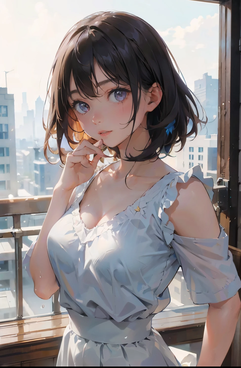 girl in summer clothes, white t-shirt, light blue shorts, pantyhose or long stockings, making like she wants to kiss you, view from viewer, medium breasts, cleavage, random backgroud, flirtatious look, ((very detailed)), (perfectly detailed face), (well detailed hand) photorealistic image.