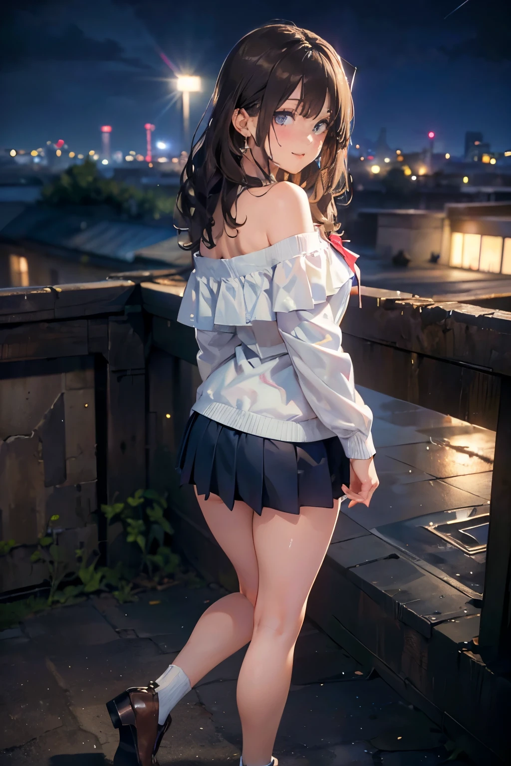 (masutepiece: 1.3), (max resolution: 1.2), (Ultra HDTV: 1.2), cinema lite, Ultra HDTV, (Detailed eyes and skin), (detailed facial features), ultgp, 8K resolution, Sharp Focus: 1.2, Perfect Style, Beautiful Face, accurate, Anatomically correct, Highly detailed face and skin texture, Detailed eyes, Dark-blue eyes, Double eyelids, Thin eyebrows, dropping eyes, (Glitter Eyeliner:1.2), Natural cheeks, Glossy skin, (Fair skin:1.2), shiny necklace and earrings, (Glossy lips: 1.4), break, absurderes, One-person viewpoint, (she is high school Student), (Wearing a Button up shirt, blazer, Pleated mini skirt), ((off-shoulder:1.3)), (shy smile:1.2), ((Innocent and very cute girl:1.3)), (Layered hairstyle, Wavy Hair), (Dark brown hair:1.2), Medium Long Hair, (Full body shot: 1.2), Focus on Face, medium large breasts, (looking back at viewer:1.2), ((sexy pose on Instagram:1.2)), ((In the School Rooftop:1.2)), ((background of night view:1.4)), (from behind:1.2)