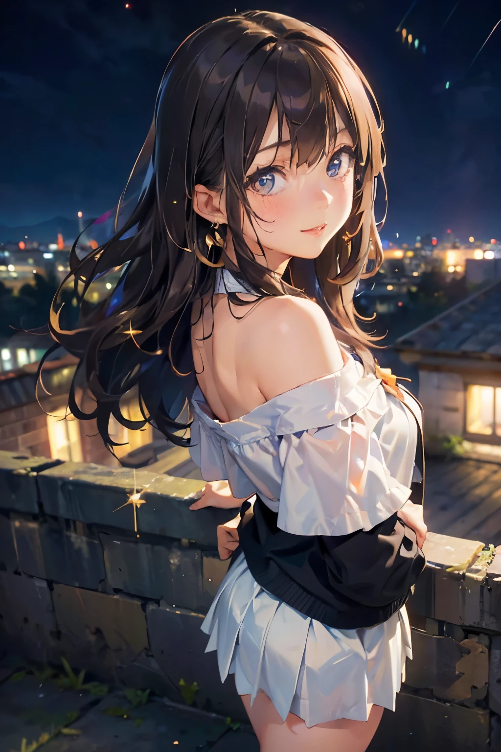 (masutepiece: 1.3), (max resolution: 1.2), (Ultra HDTV: 1.2), cinema lite, Ultra HDTV, (Detailed eyes and skin), (detailed facial features), ultgp, 8K resolution, Sharp Focus: 1.2, Perfect Style, Beautiful Face, accurate, Anatomically correct, Highly detailed face and skin texture, Detailed eyes, Dark-blue eyes, Double eyelids, Thin eyebrows, dropping eyes, (Glitter Eyeliner:1.2), Natural cheeks, Glossy skin, (Fair skin:1.2), shiny necklace and earrings, (Glossy lips: 1.4), break, absurderes, One-person viewpoint, (she is high school Student), (Wearing a Button up shirt, blazer, Pleated mini skirt), ((off-shoulder:1.3)), (shy smile:1.2), ((Innocent and very cute girl:1.3)), (Layered hairstyle, Wavy Hair), (Dark brown hair:1.2), Medium Long Hair, (Full body shot: 1.2), Focus on Face, medium large breasts, (looking back at viewer:1.2), ((sexy pose on Instagram:1.2)), ((In the School Rooftop:1.2)), ((background of night view:1.4)), (from behind:1.2)