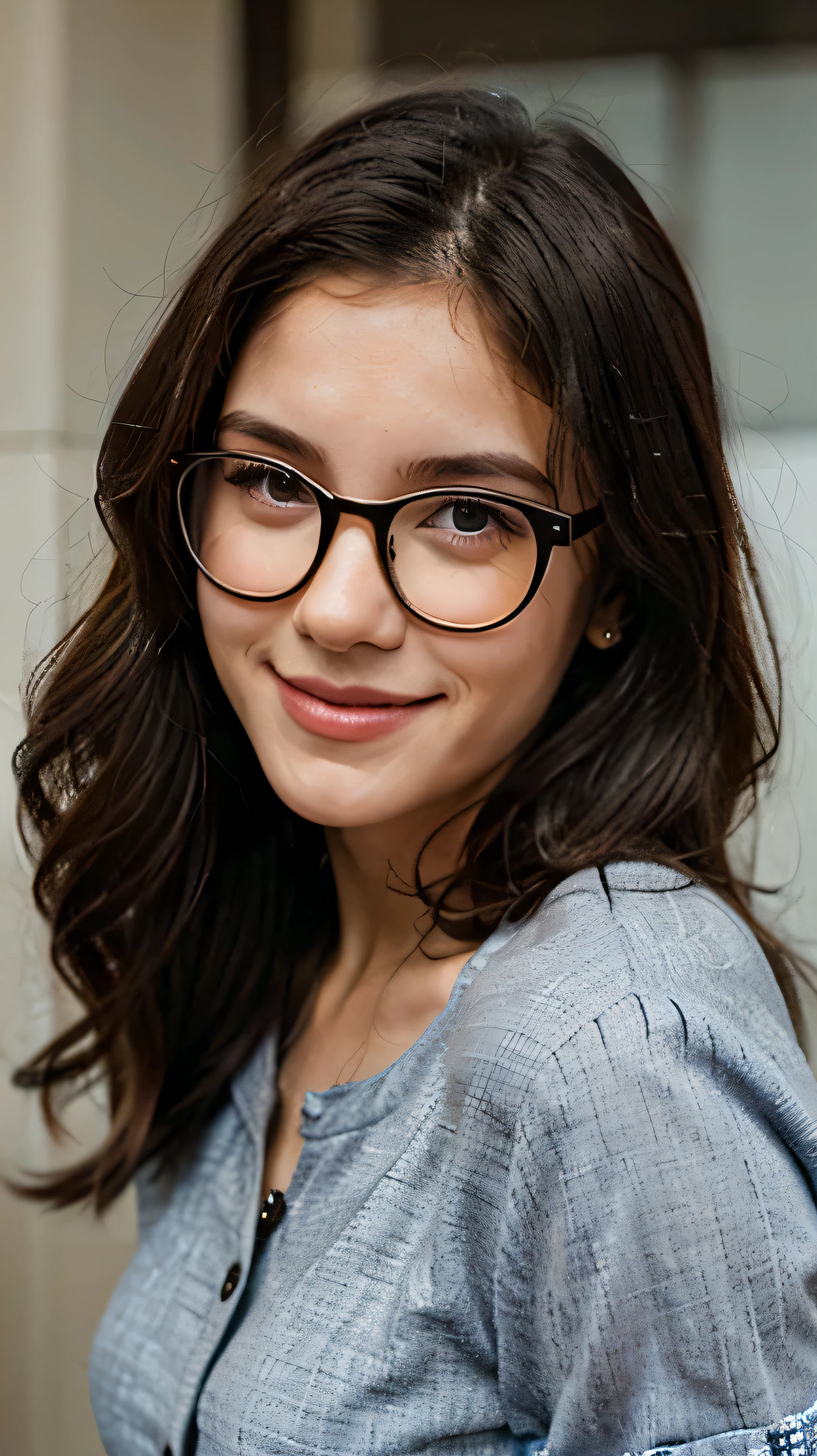 girl glasses casual outfit,close up,smile