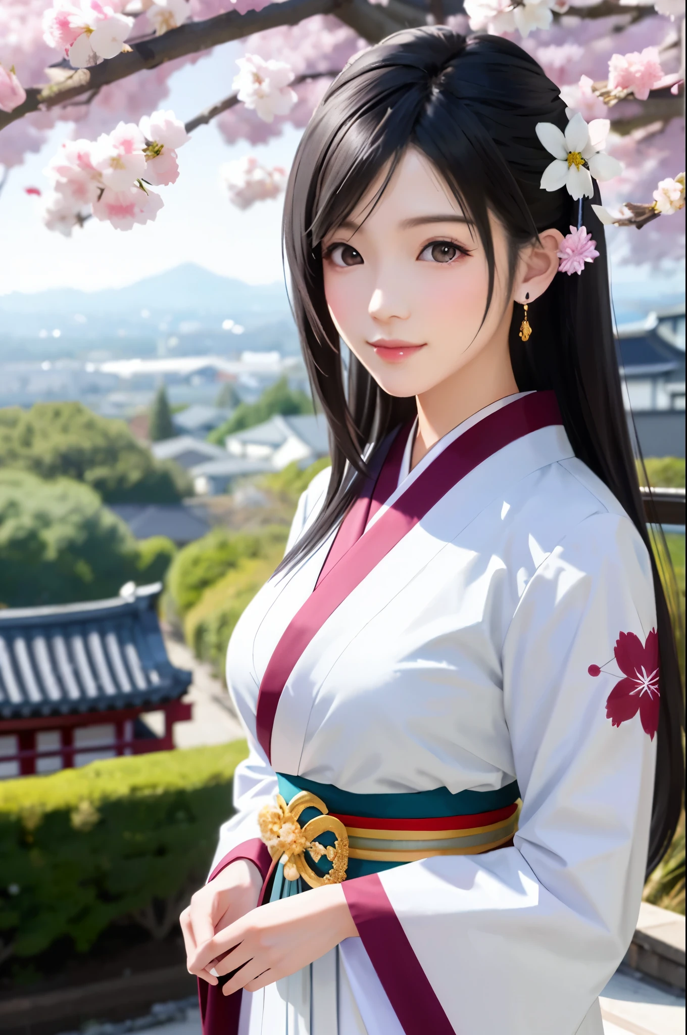 (Top Quality, Masterpiece: 1.1), (Realistic: 1.3), BREAK (((FF7,Tifa_lockhart))),Ultra-detailed face, Detailed red eyes,(black Brown Hair, Large breasts: 1.2), about 18 years old,  (White Japanese Clothing, kimono , Japanese clothes, White cherry blossom pattern, White cherry blossom embroidery pattern, A dark-haired, Beautiful face, Real Face, Beautiful detail eyes, Beautiful skin), Hair flutters in the wind, Hair jumps, Pink cherry blossom tree, Petals flutter, Sakura blizzard, Superb view, sunset, Sun in the background, the wind, Deities, tusk, myth, Vast Land, kawaii,(cool pose:1.2),Wallpapers, ultra high res, ultra high quality, face focus:1.2, cowboy shot, {behind view:1.2, back hair:1.2}