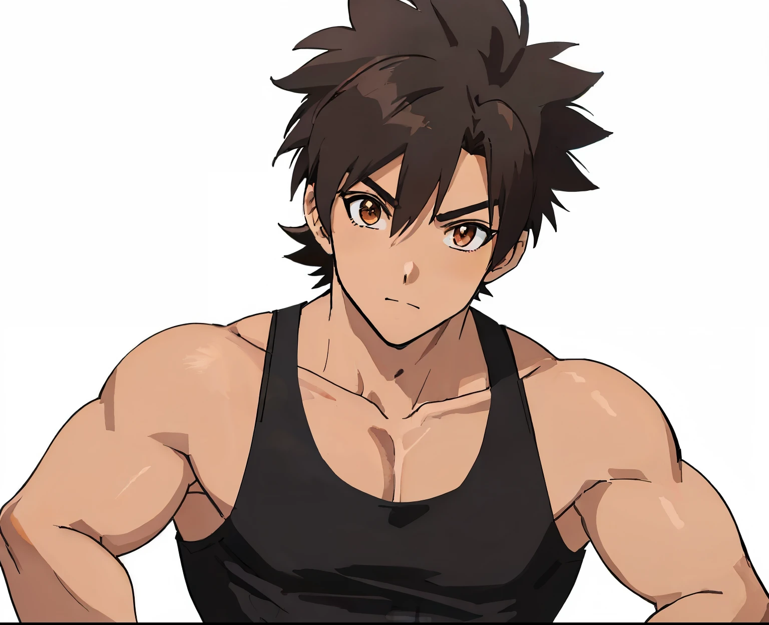 Close-up of a boy with short red hair, brown eyed boy, ponytail, classic boy, Made at Anime Painter Studio, clothing:black tank top, boy romance, anime style, muscular man, skin tight tank top, masculine and muscular, wore denim shorts, anime dick!!!!, tanktop with an black, a boy is standing, bare shoulders, bare arms,