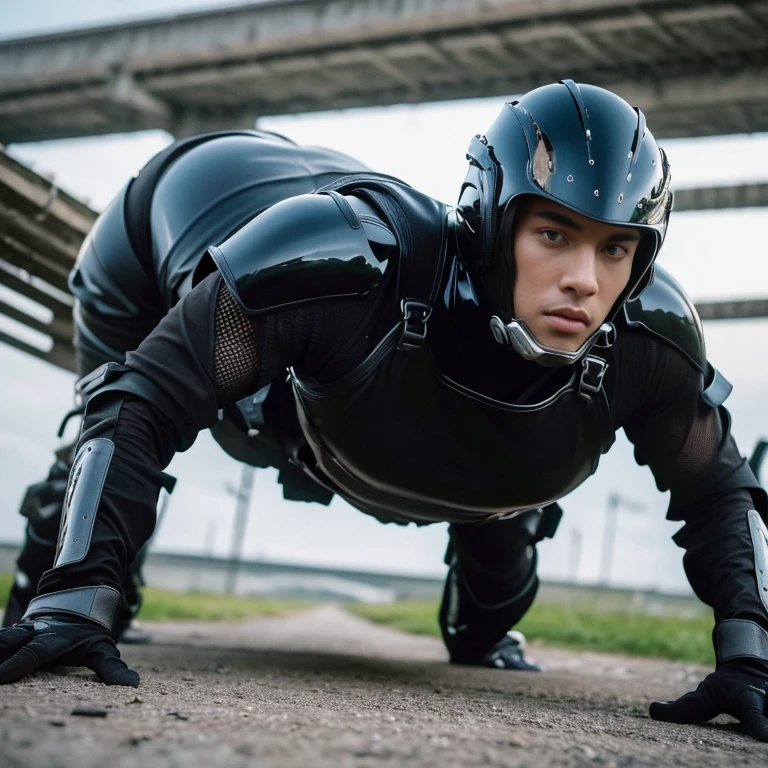 ((Best Quality, 8K, ultra-detailed, Masterpiece: 1.3)), 1boy, shiny skin, sharp, Perfect Body Beauty, realistic shaded perfect body ,("bodysuit, techwear,big bulge ":1.2),("leggins , armor":1.1),("glove, armor":1.1 ),(techwear)(dynamic pose:1.1), thigh , battle field , (bulge focus:1.2) , ((all fours)) , big hips , nsfw , eroticosm , handsome face
