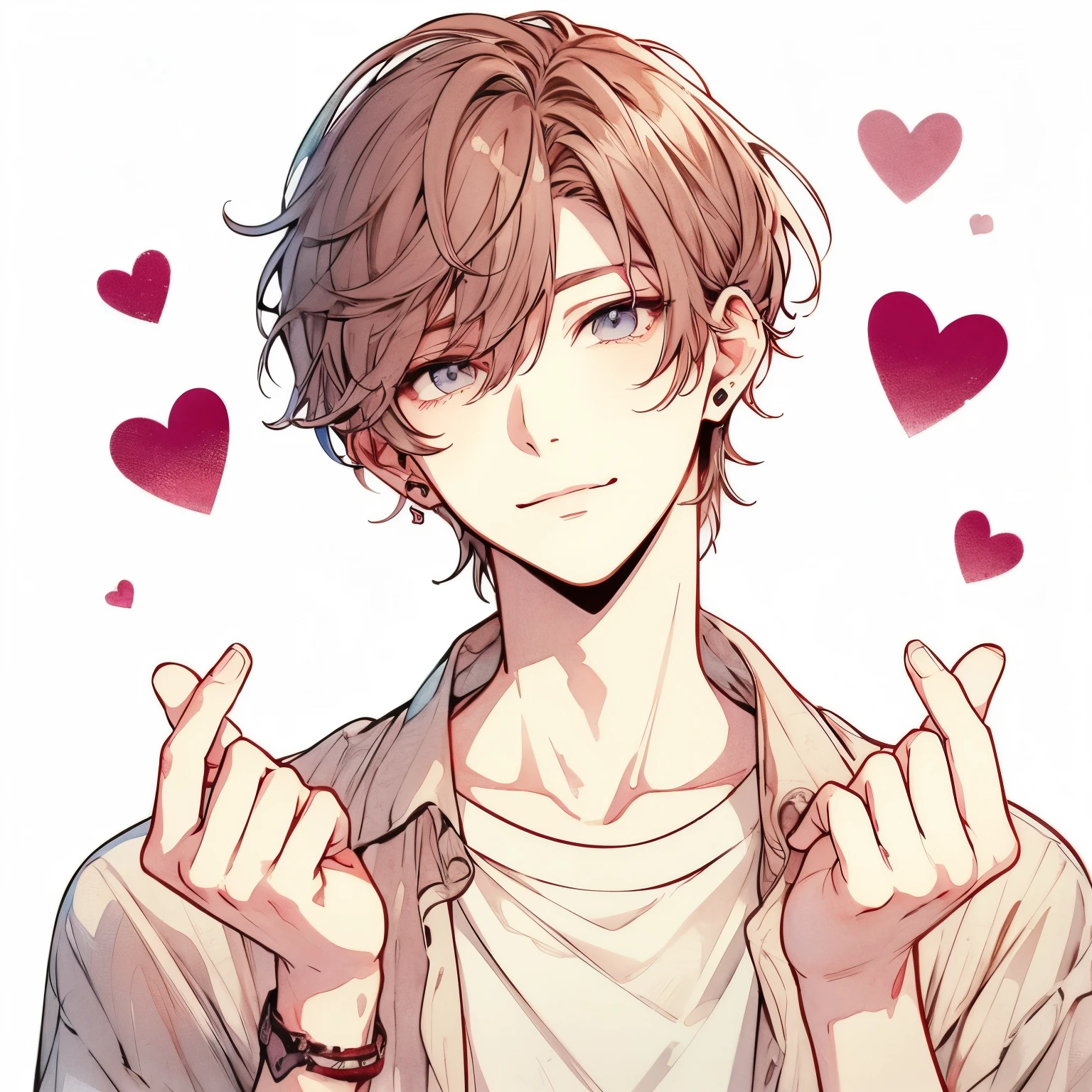 clear line drawing, transparent watercolor, clear shading, beautiful young man, finger heart, Fashionable everyday wear, convey love, inner strength, ❤️, loves it,high quality, Amount to draw, pixiv illustration,smile