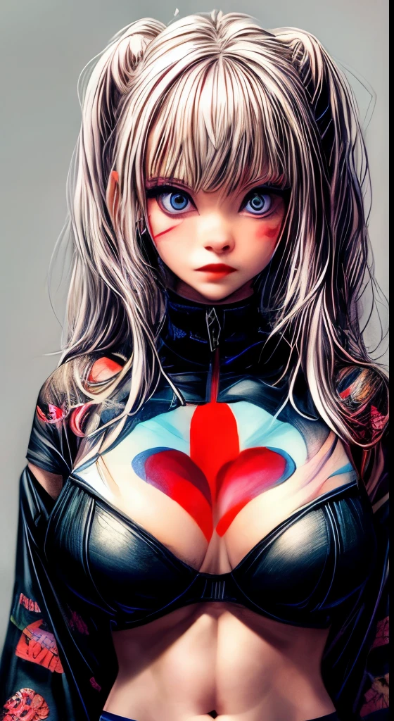 infp young woman, Beautiful big breasts:1.8, Front opening shirt, Body painting with pop designs drawn directly all over the body, heart shapes, Pop Art Design, Cutting-edge fashion, Innovative, The center of attention, tokyo prefecture, newyork, Special art design, pubick hair, cameltoe detailotto, Background of the novel,