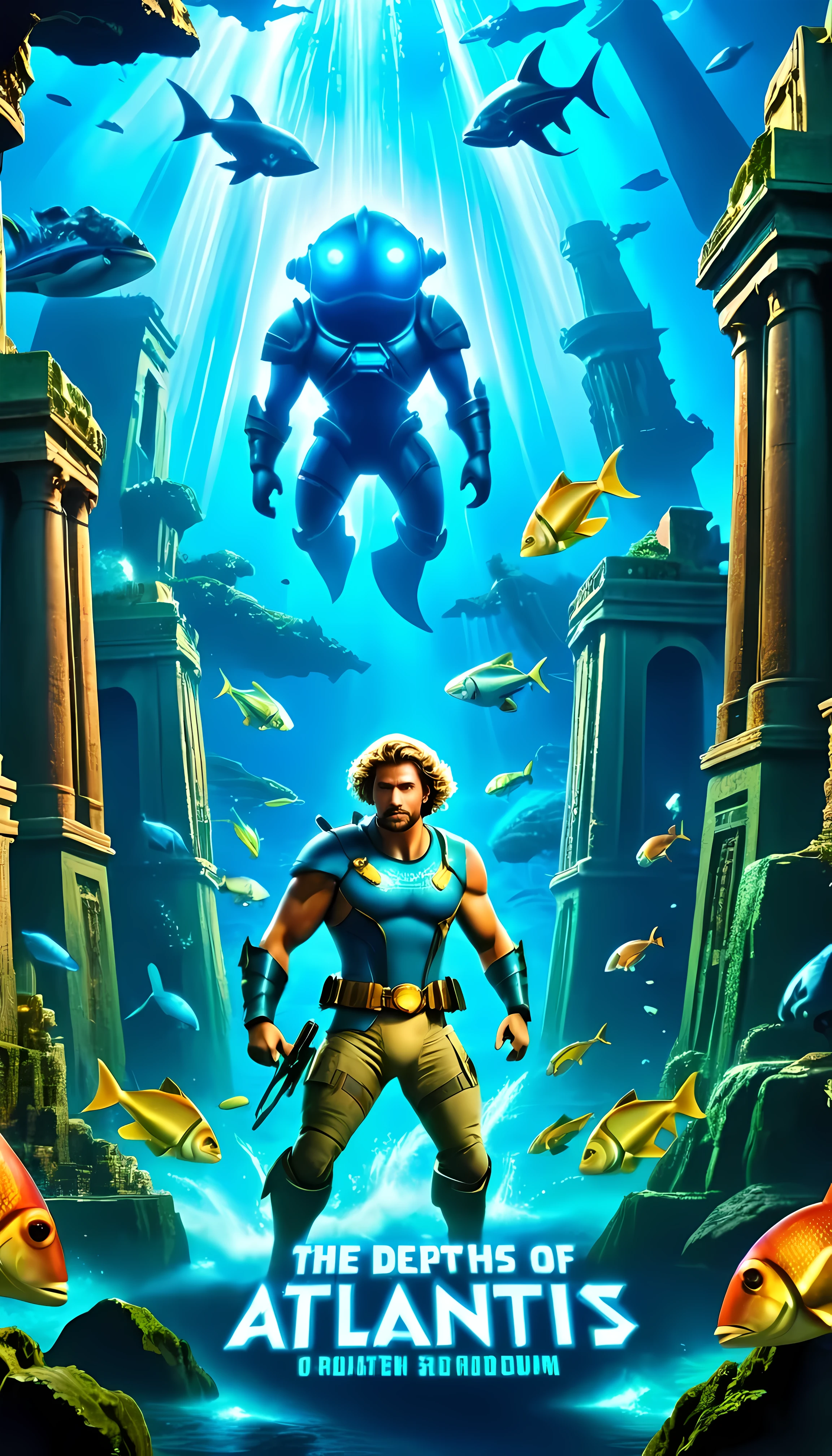 Movie Poster - poster of a movie with the big ((title "The depths of Atlantis ")), featuring the depths of Atlantis, ancient guardians clash with futuristic explorers in an epic underwater showdown, illuminated by bioluminescent sea creatures and set against the backdrop of the city's ruins, where a mysterious artifact holds the key to their fate.